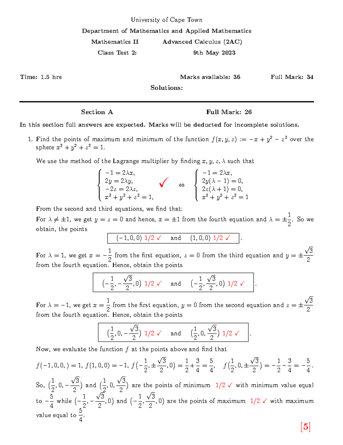 Solutions for Mathematics II (2AC) Class Test 2 - 9th May 2023 - Studocu