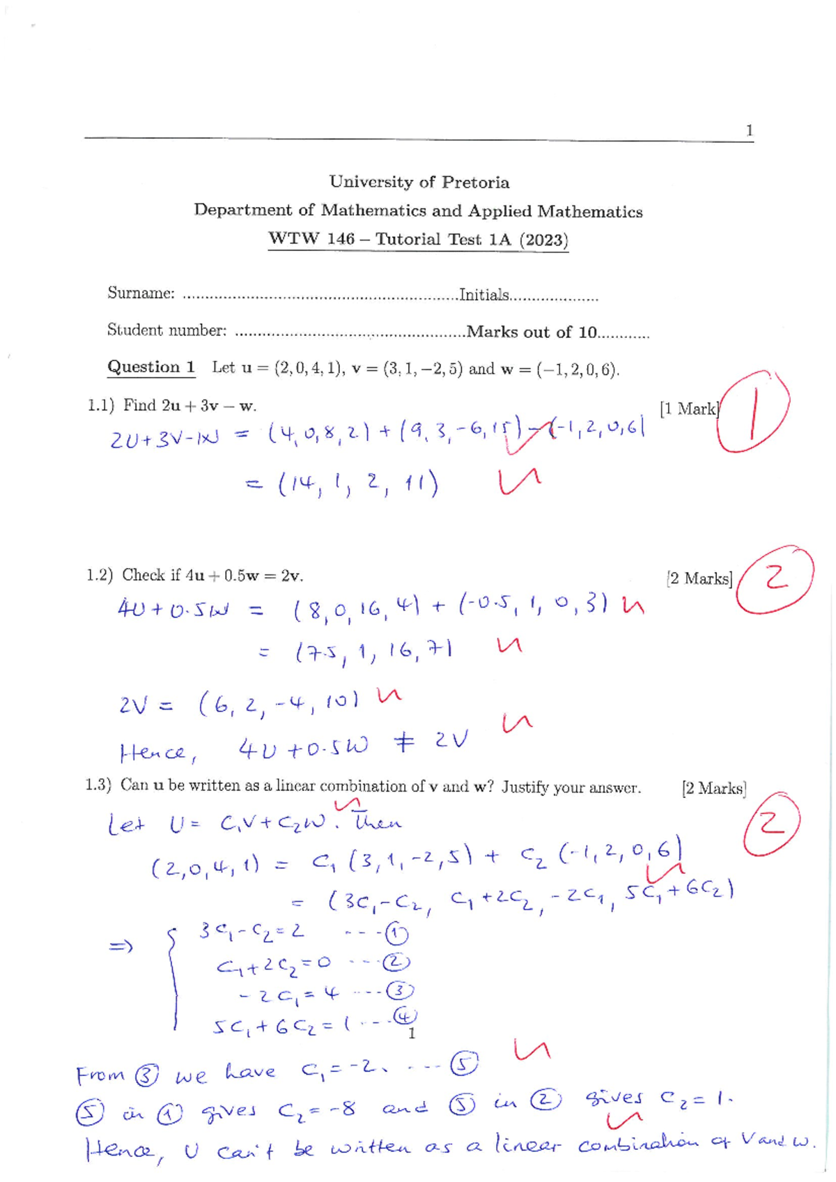 Memo for WTW 146 Tutorial Test 1A - Solutions and Past Questions - Studocu