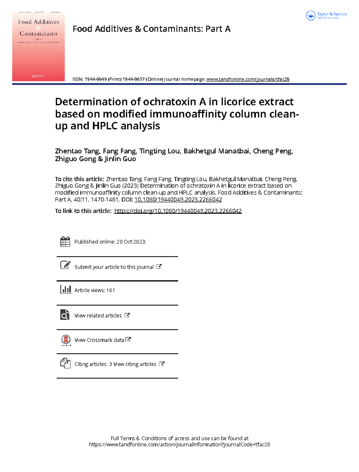 Determination of Ochratoxin A in Licorice Extract: Modified IAC Method ...