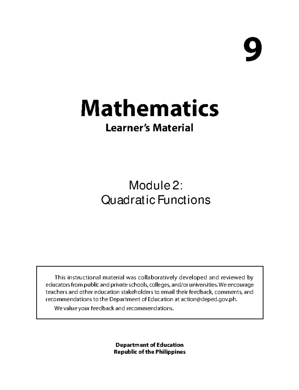 Math 9 Module 2: Exploring Quadratic Functions and Their Applications ...