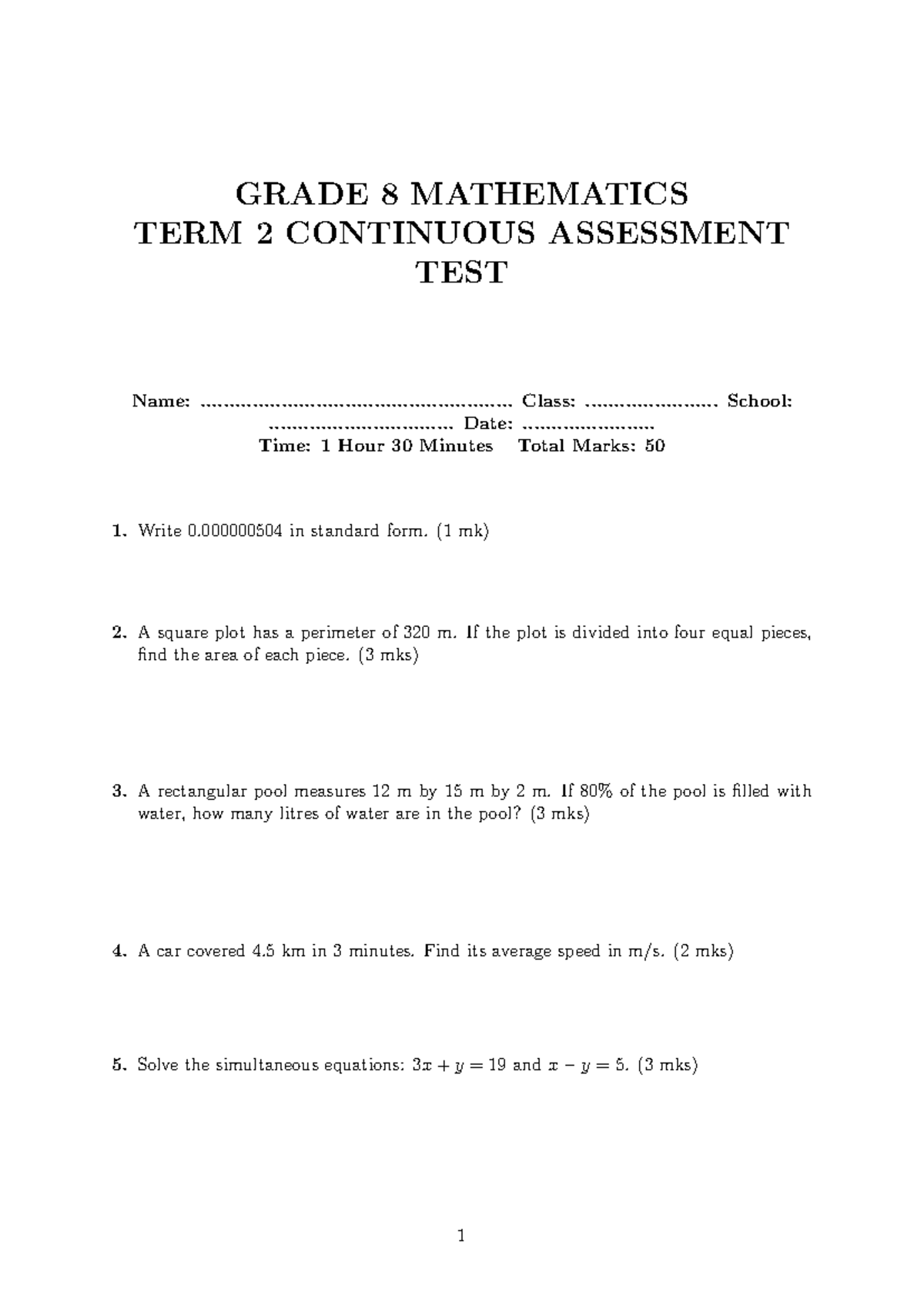 GRADE 8 MATHEMATICS TERM 2 CONTINUOUS ASSESSMENT TEST - Studocu