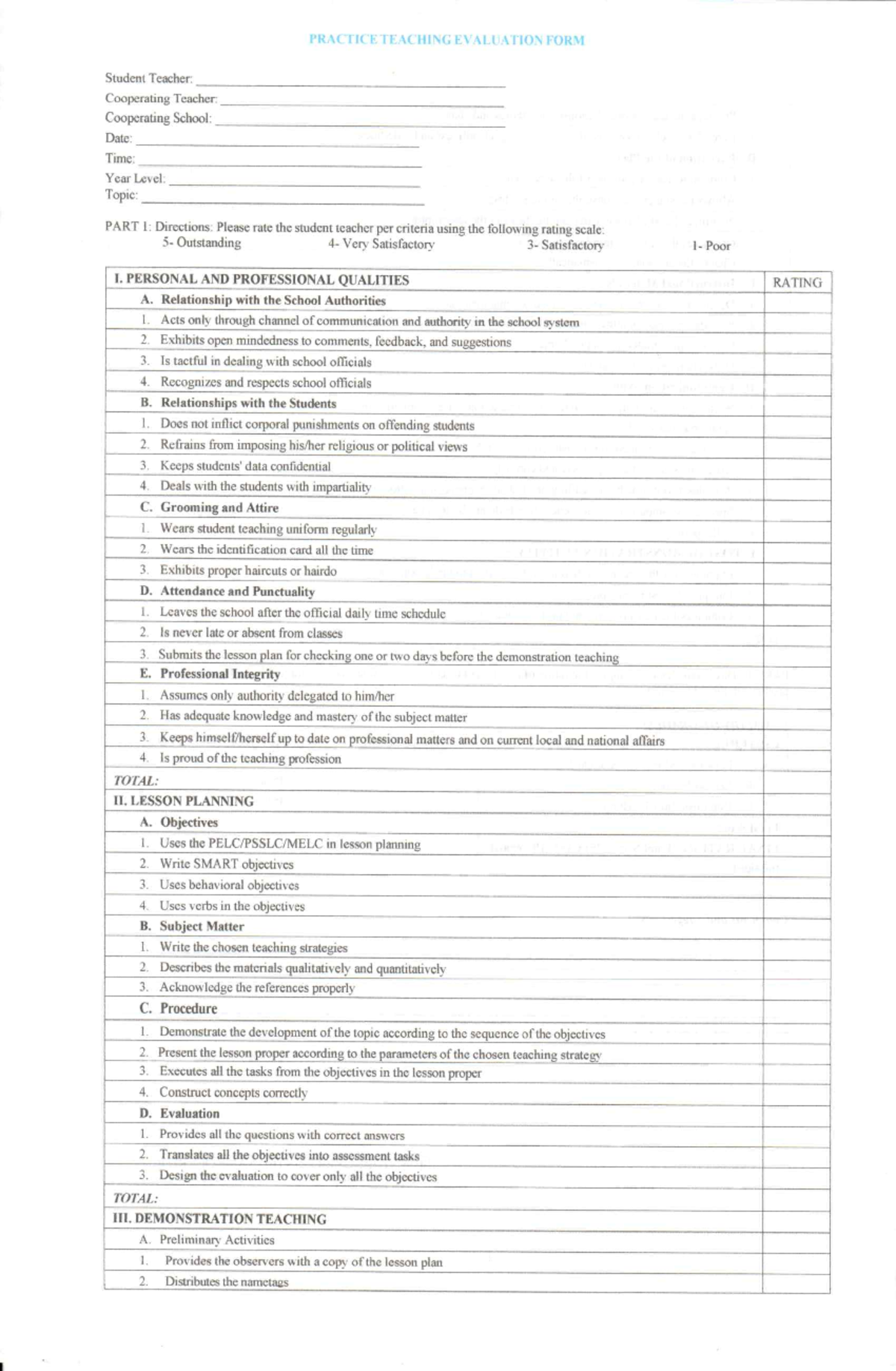 PRACTICE TEACHING EVALUATION FORM: Assessment Criteria & Ratings - Studocu