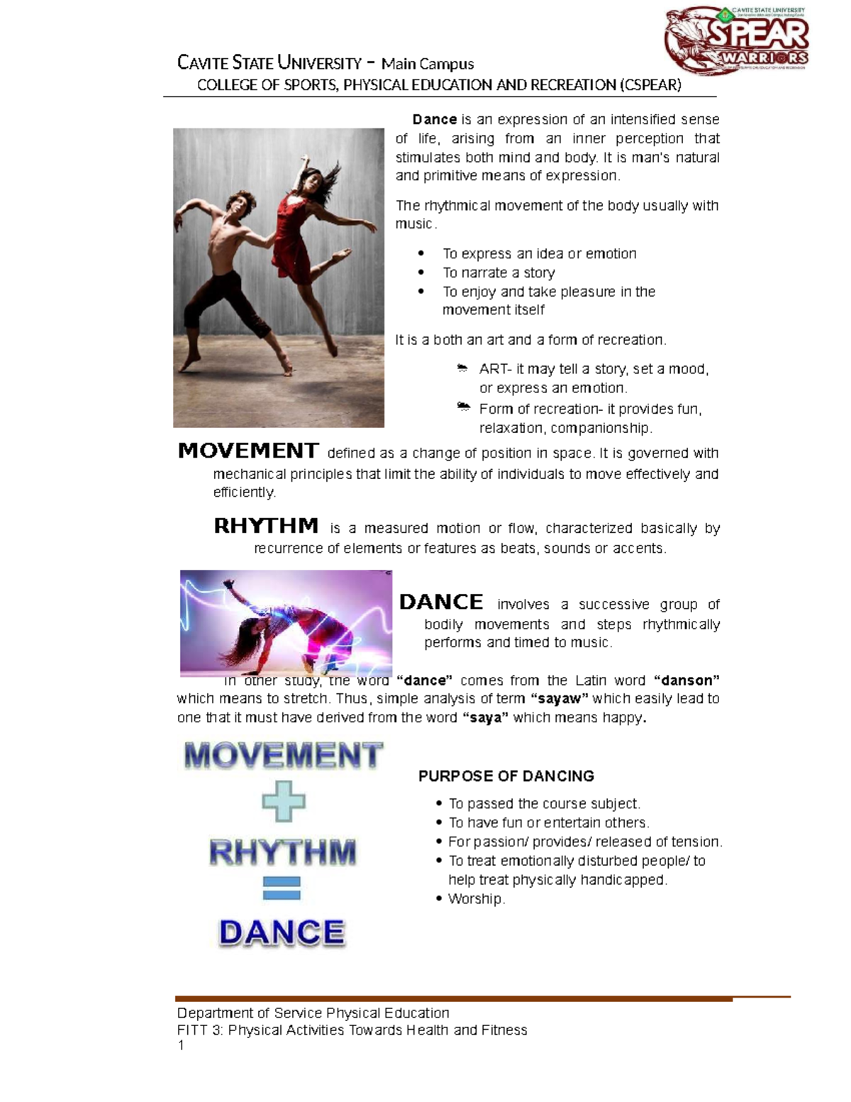 FITT 3 - Lesson 1: Introductory Notes on Dance & Movement - Studocu