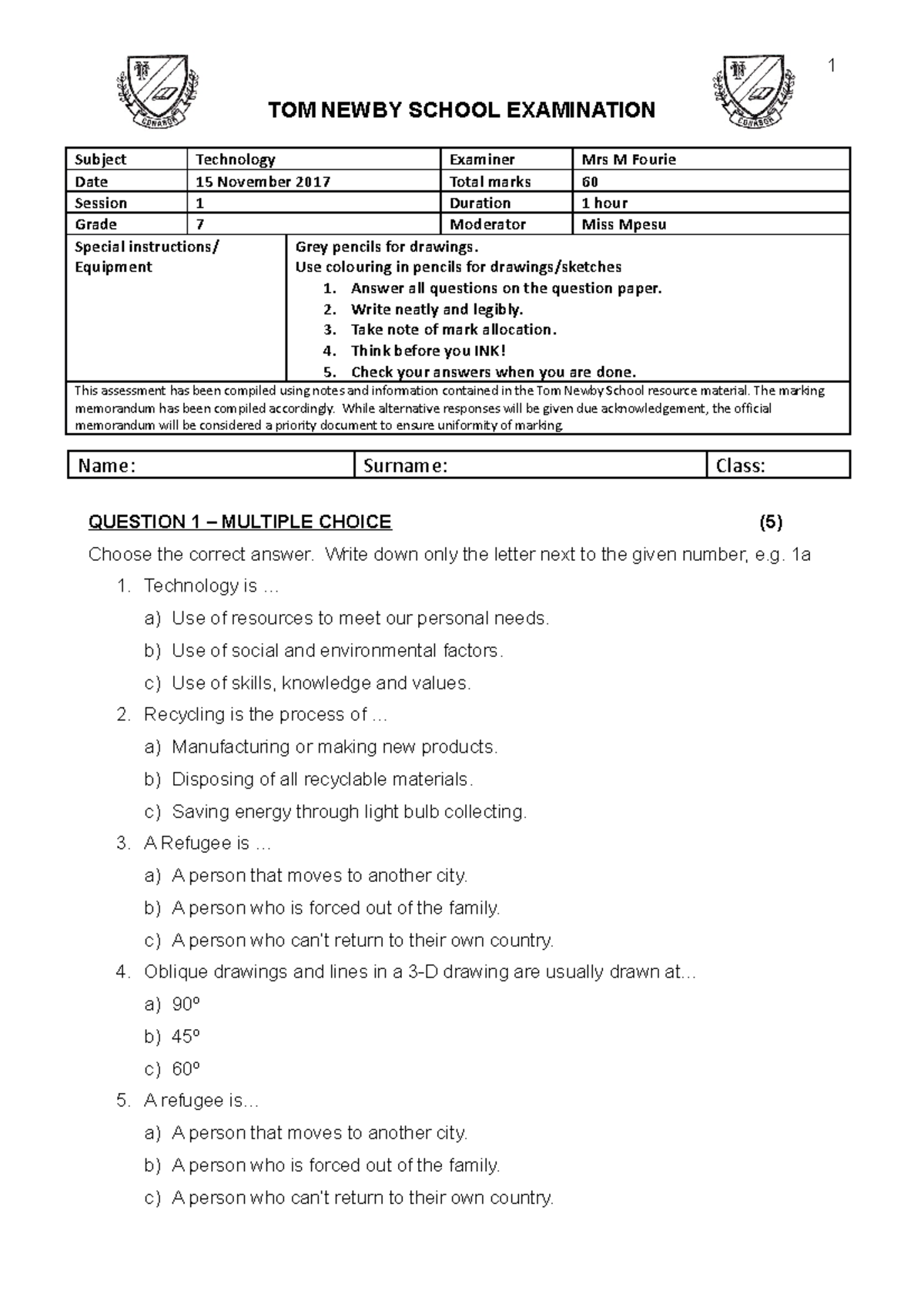 Grade 7 Technology Exam Nov 2017 - Instructor: Mrs. M Fourie - Studocu