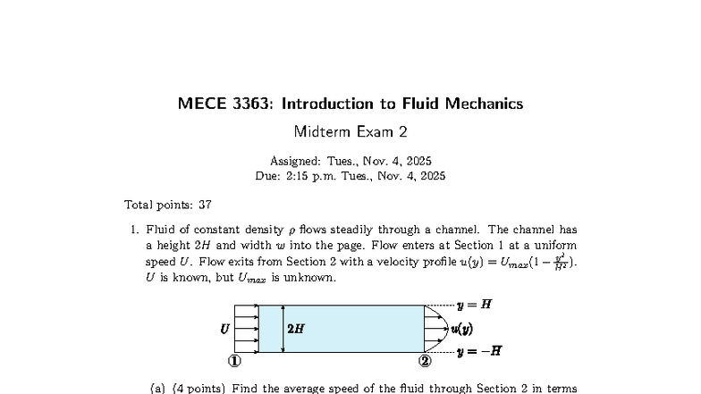 MECE 3363: Fluid Mechanics Midterm Exam 2 Practice Solutions - Studocu
