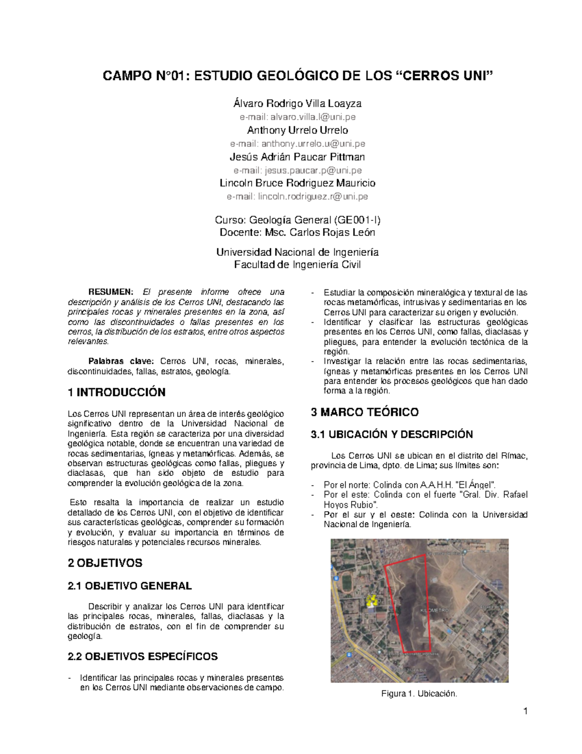 Estudio Geológico de los Cerros UNI: Informe de Campo - Geología General - Document Preview