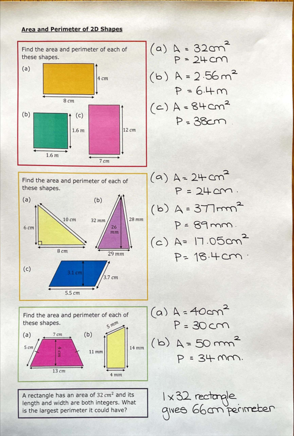 MATH 101: Area and Perimeter of 2D Shapes - Summary Solutions - Studocu