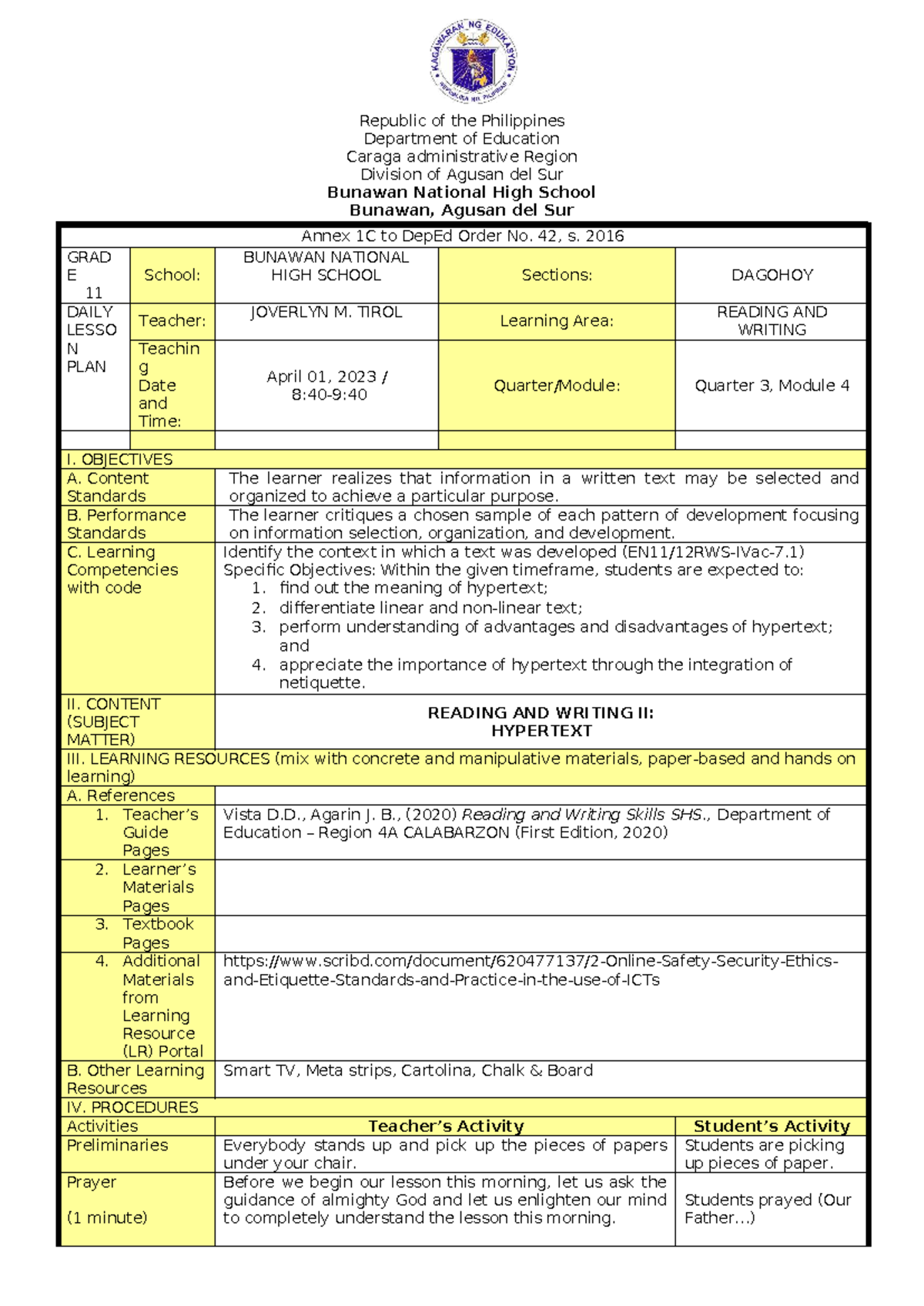 Final demo DLP 1 - lesson plan for grade 11 reading and writing - Studocu