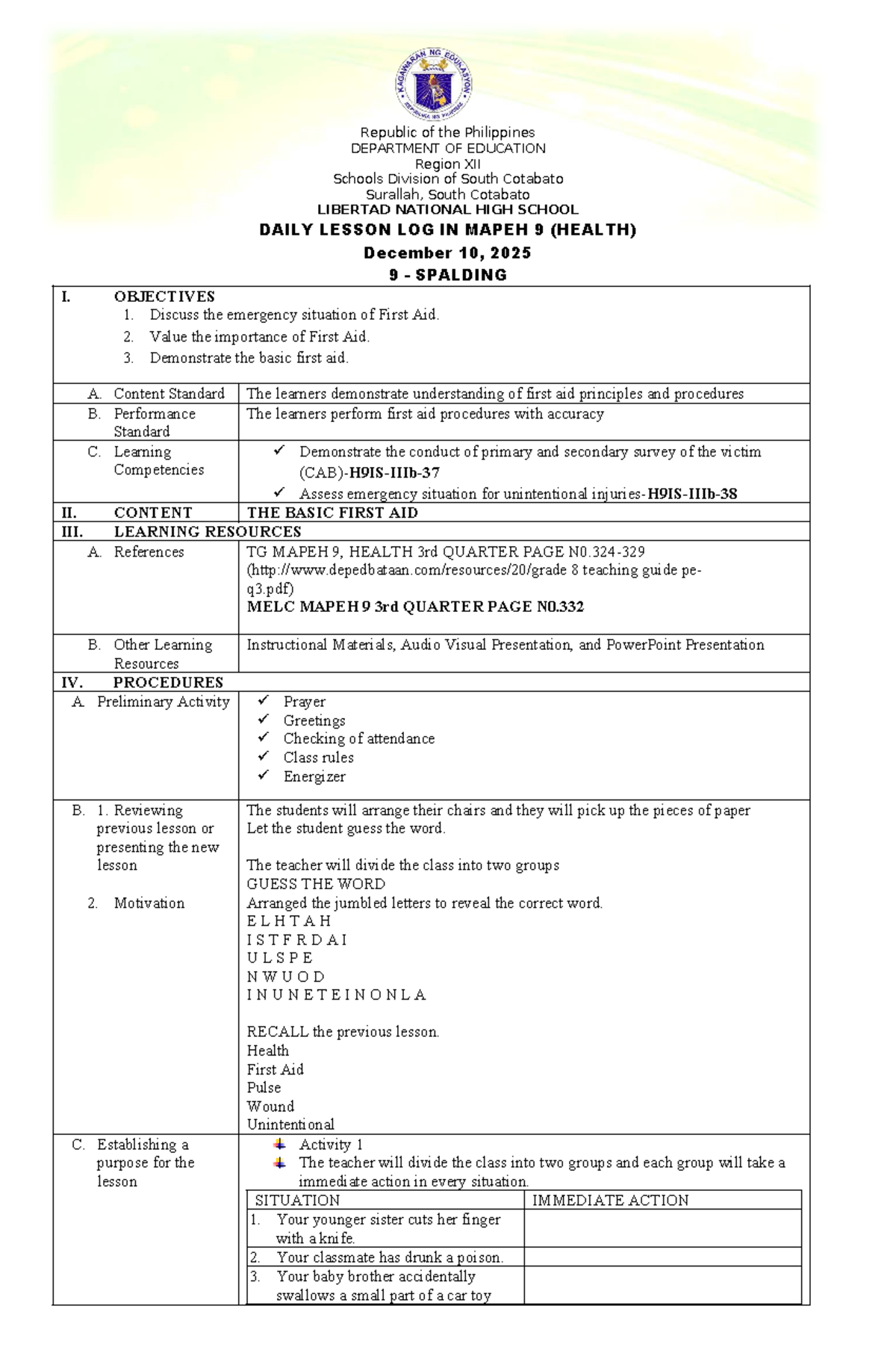 Daily Lesson Log: MAPEH 9 (Health) - First Aid Concepts and Procedures ...
