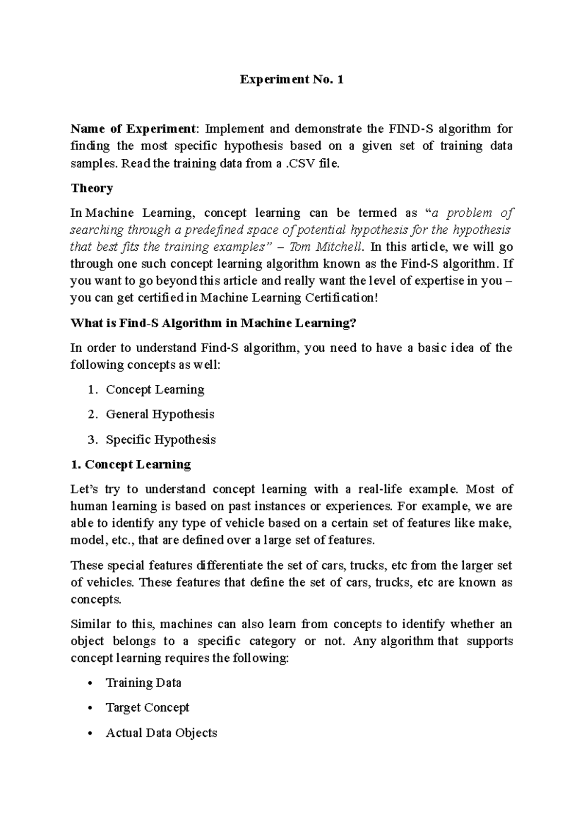 Machine Learning Lab Manual 2026: Experiment on Hypothesis Algorithms ...