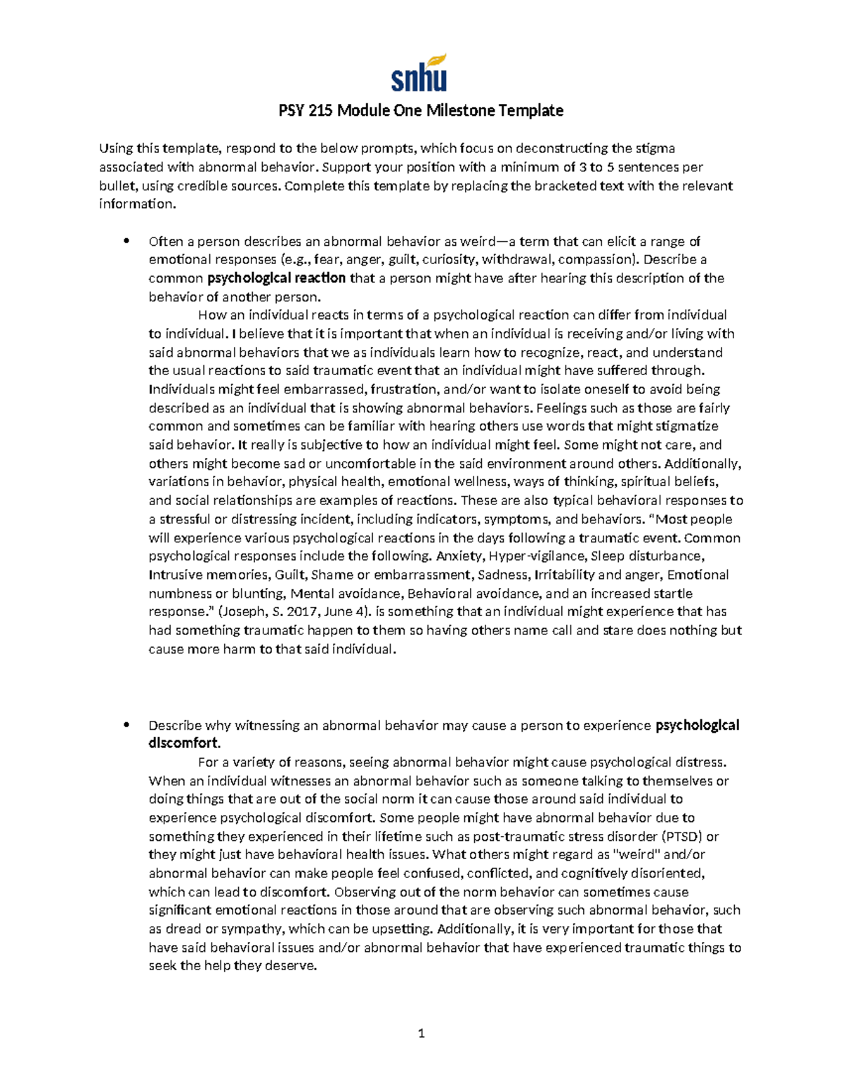 PSY 215 Module One Milestone: Understanding Abnormal Behavior Stigma ...