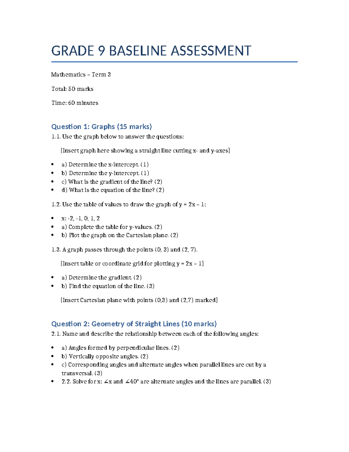 Grade 9 Mathematics Term 3 Baseline Assessment with Diagrams - Studocu