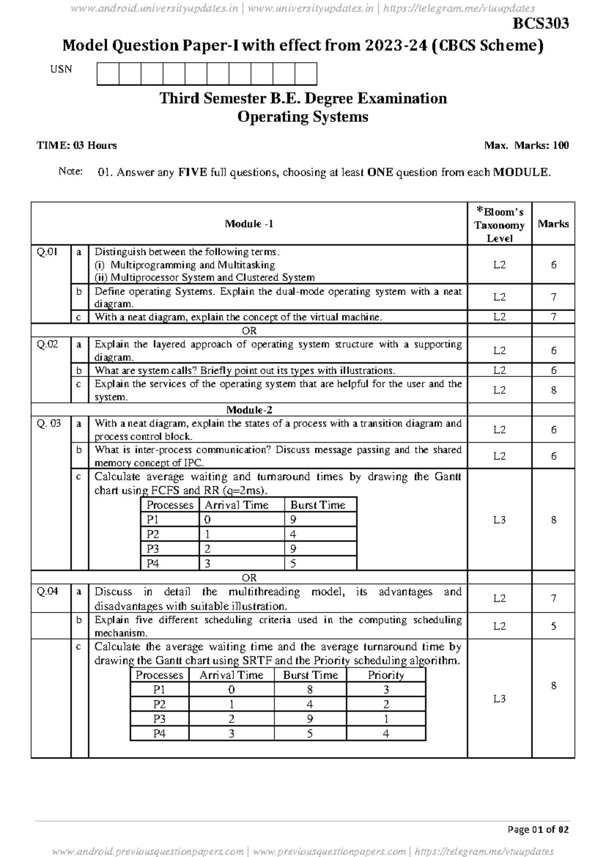 BCS303 - OS Model Question Paper I for 2023-24 Exam - Studocu