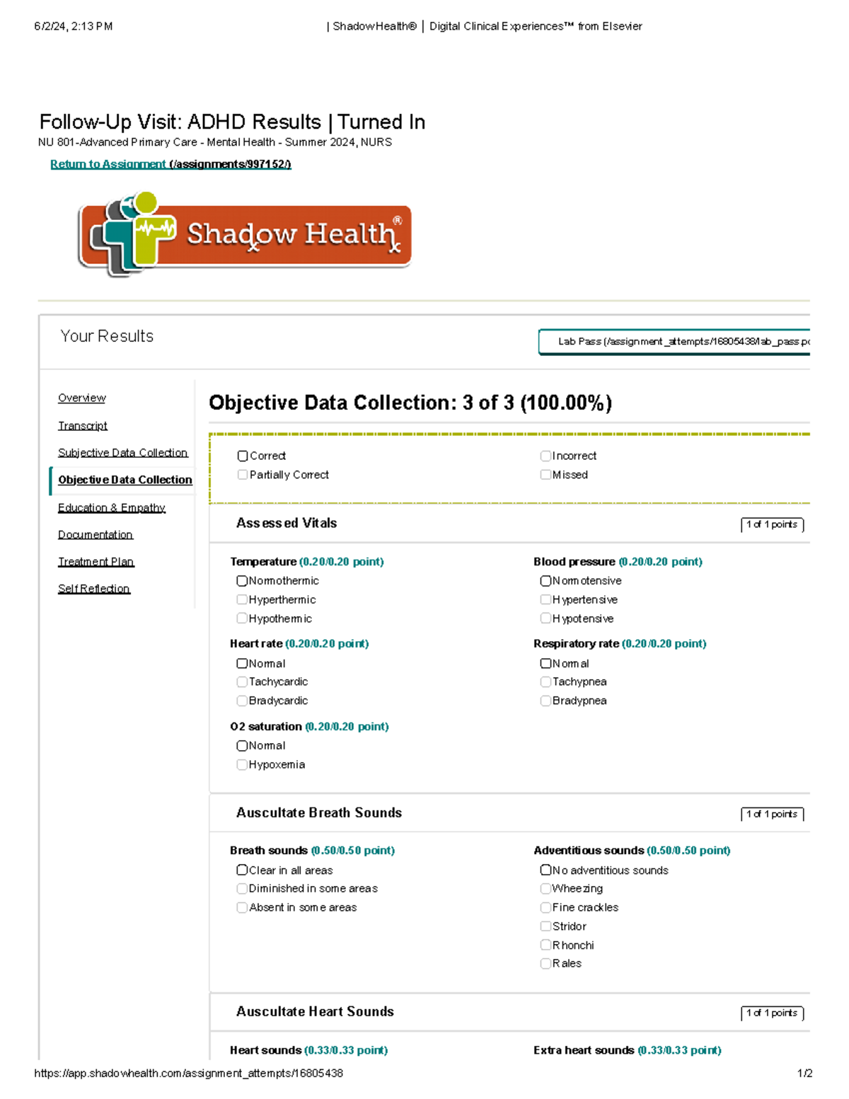 NU 801 ADHD Follow-Up Visit: Objective Data Collection Summary - Studocu