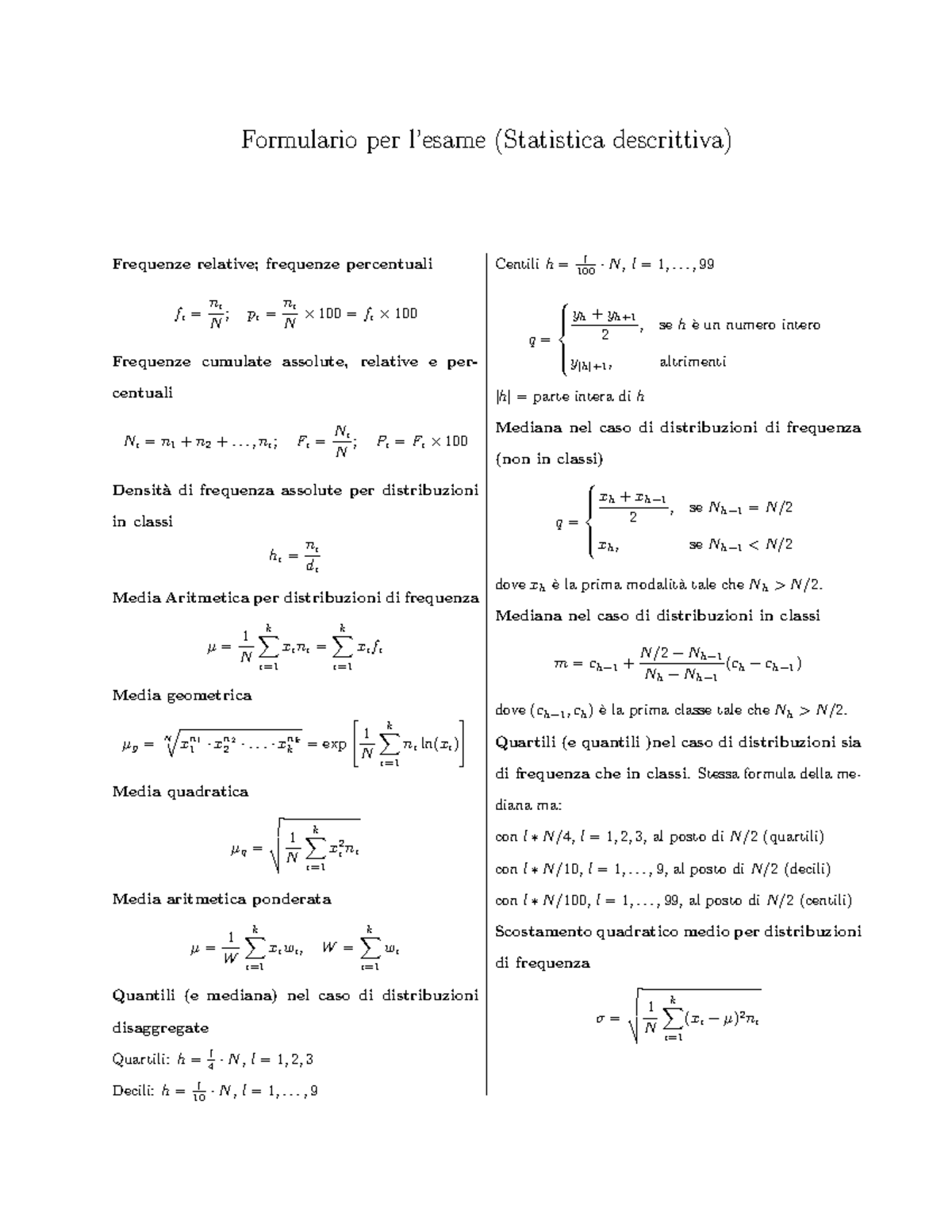 Formulario Statistica Descrittiva: Centili e Frequenze (Statistica ...