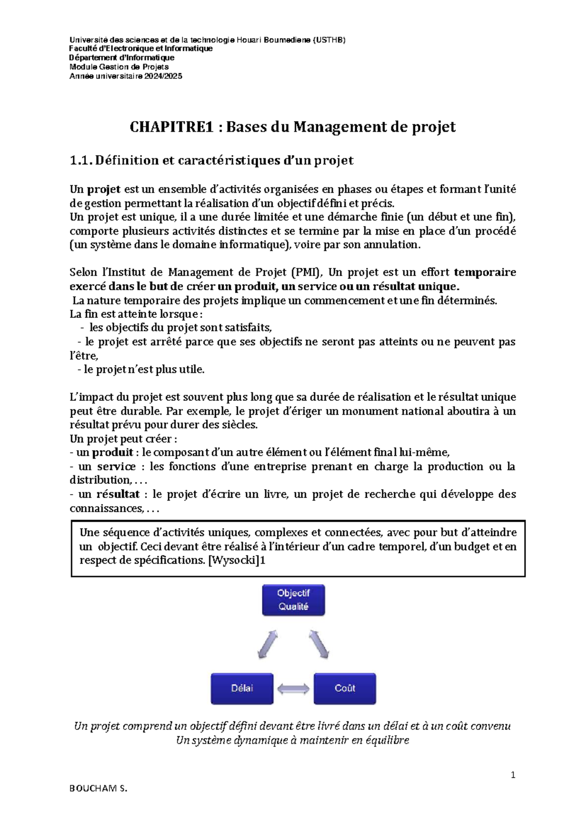 Chapitre 1 : Bases du Management de Projet - USTHB - Studocu
