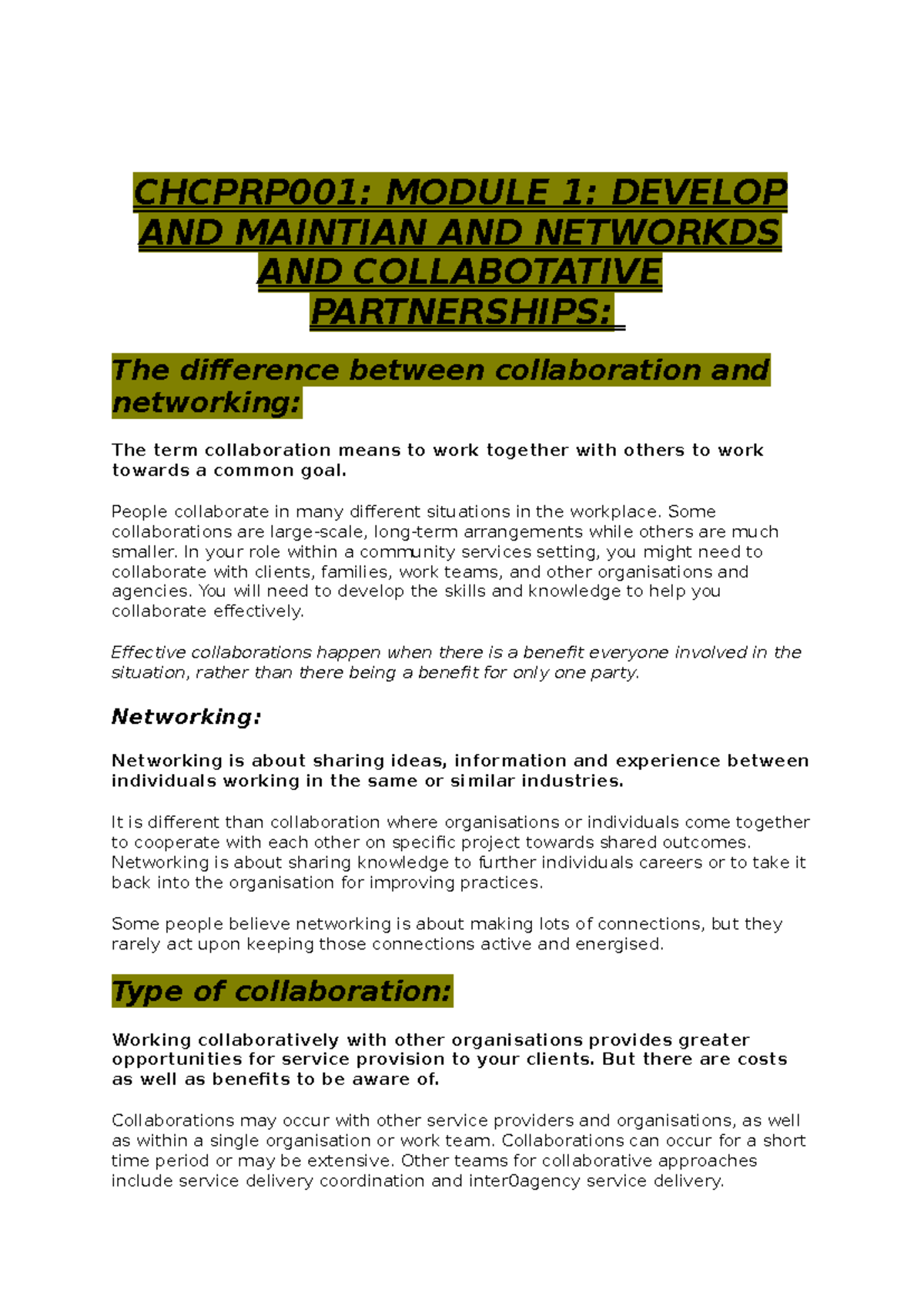CHCPRP001: Module 1 - Collaboration vs Networking in Community Services ...