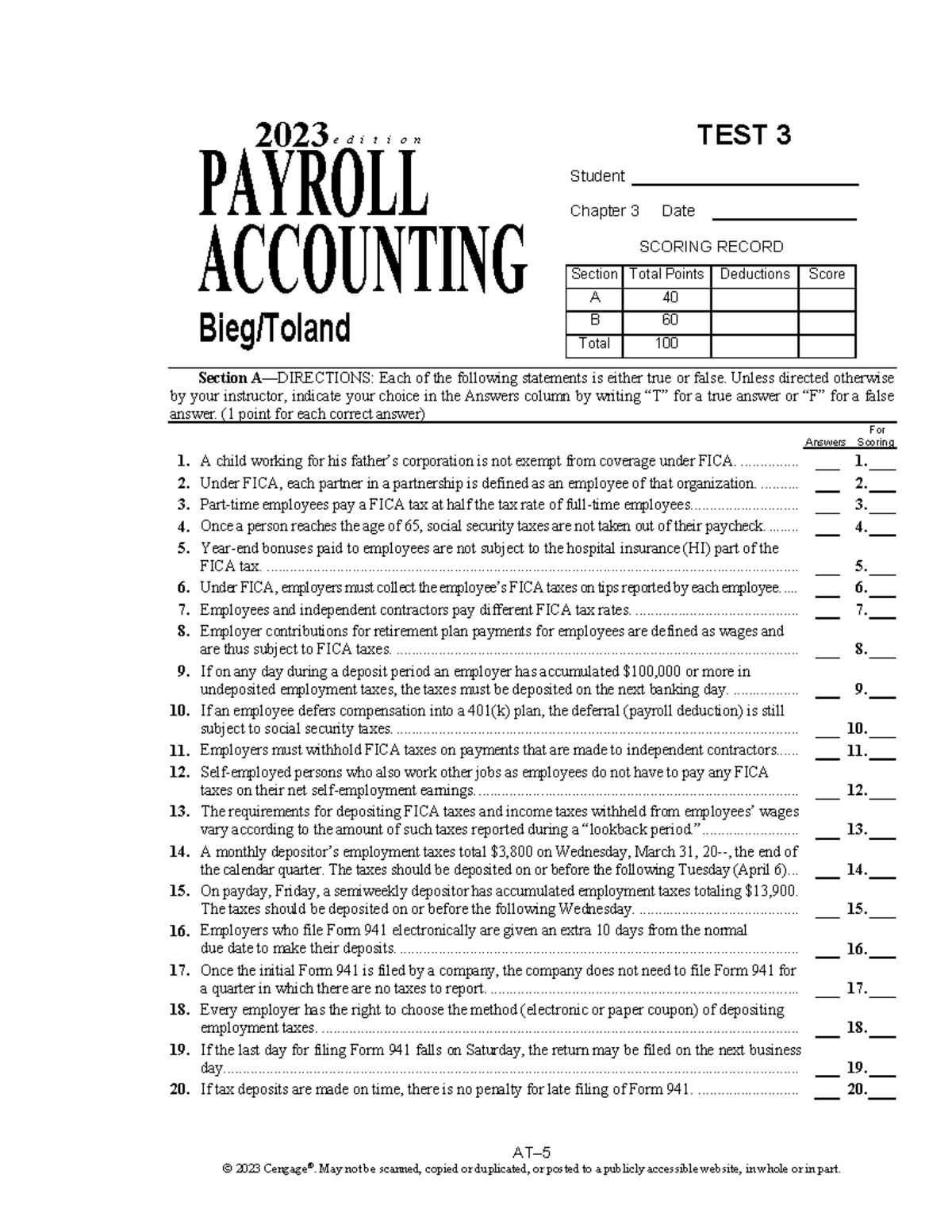 Chapter 3 Review & Scoring Record for Payroll Accounting Test 3 - Studocu