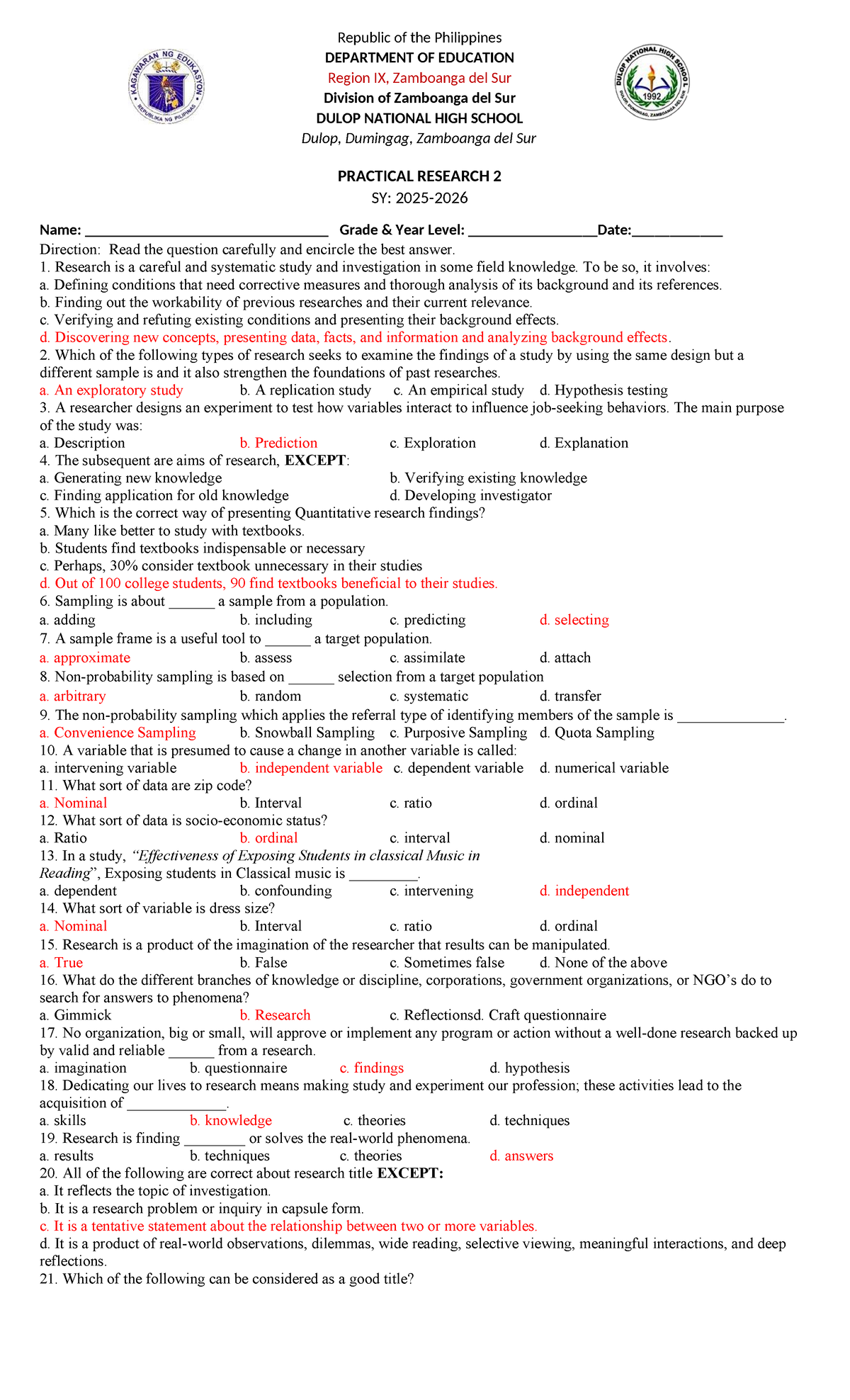 Practical Research 2 (PR2) Final Exam Review with Answers - Studocu