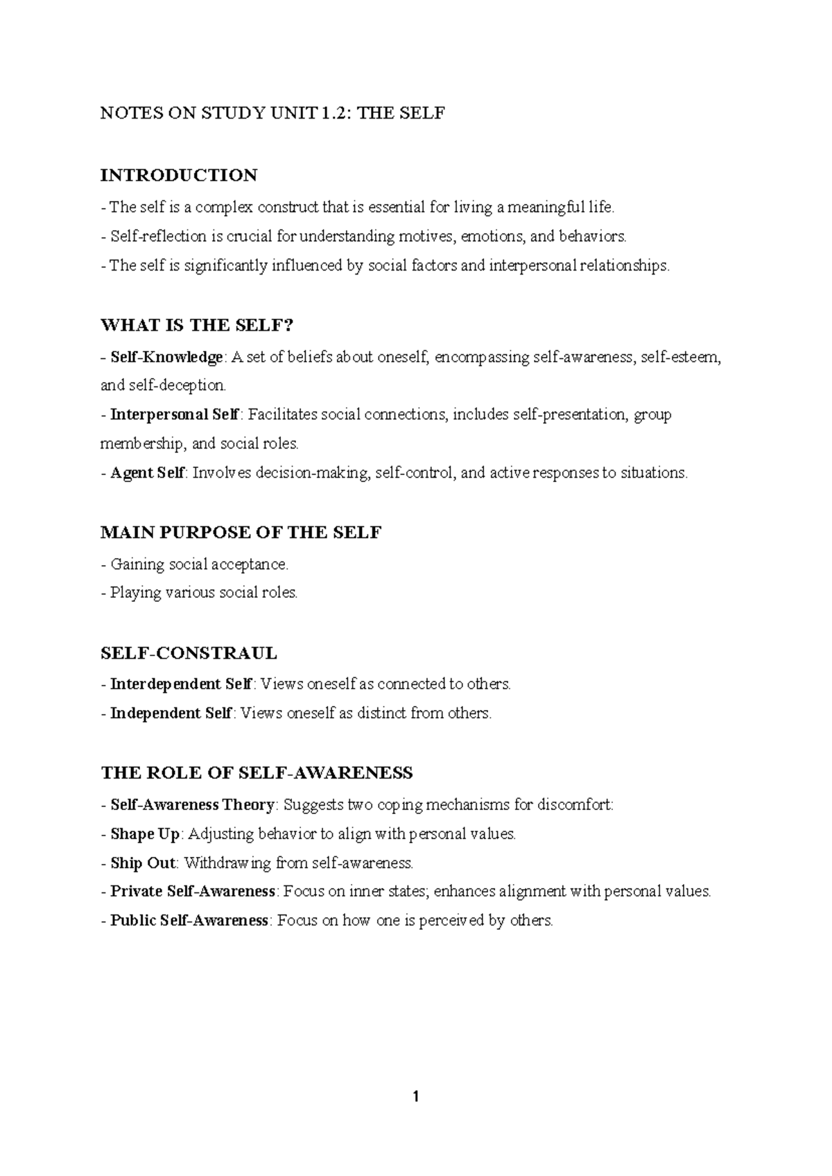 SU1 - N/A - 1 NOTES ON STUDY UNIT 1: THE SELF INTRODUCTION The self is ...