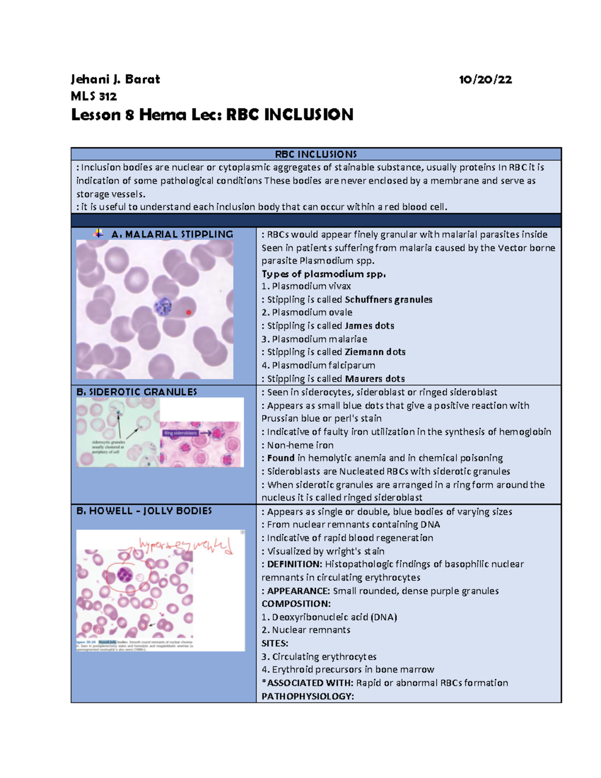 Lesson 8: RBC Inclusions - MLS 312 HEMA Lecture Notes - Studocu