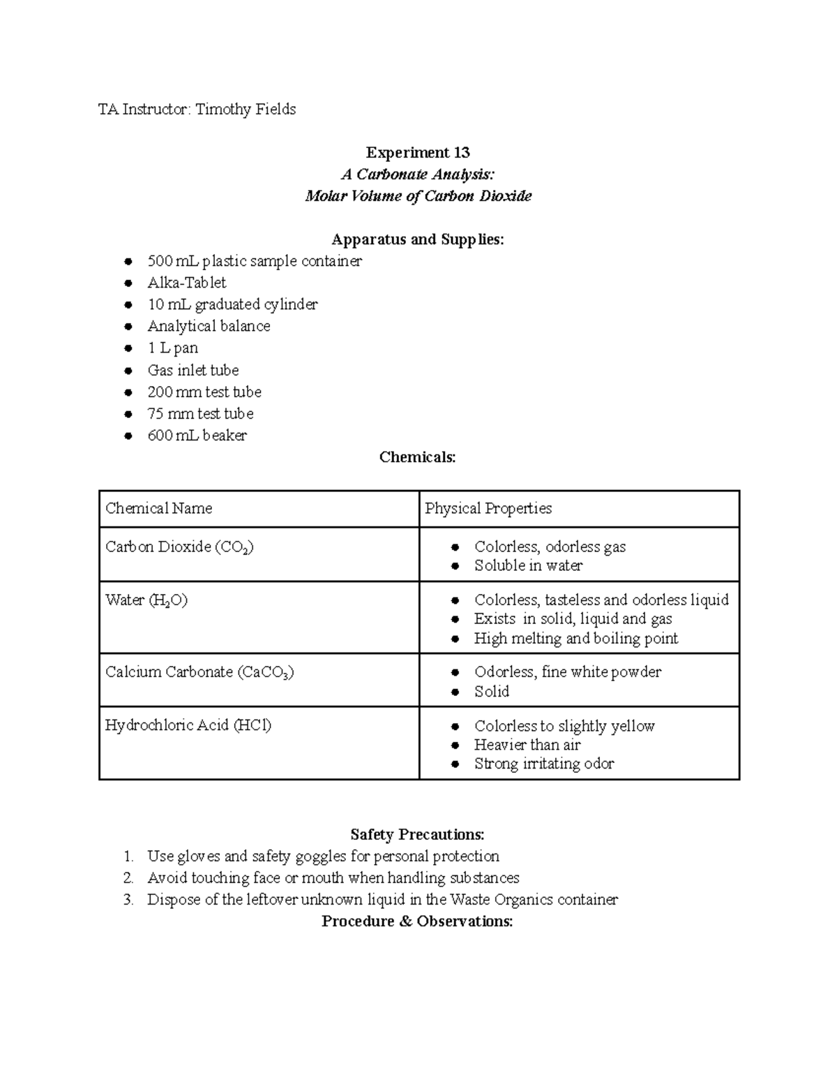 Experiment 13 - Carbonate Analysis Lab Report (Molar Volume of CO₂ ...