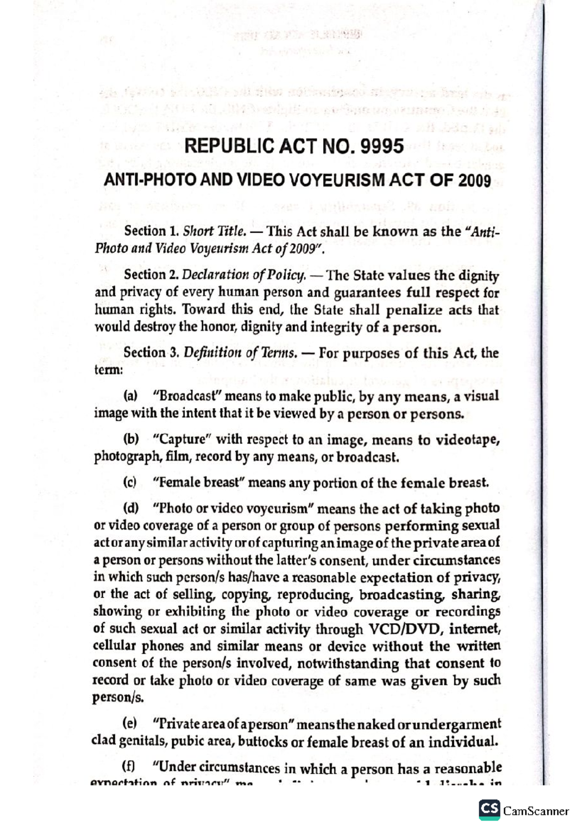 RA-9995 - READING - REPUBLIC ACT NO. AND VIDEO VOYEURISM ACT OF 2009 ...