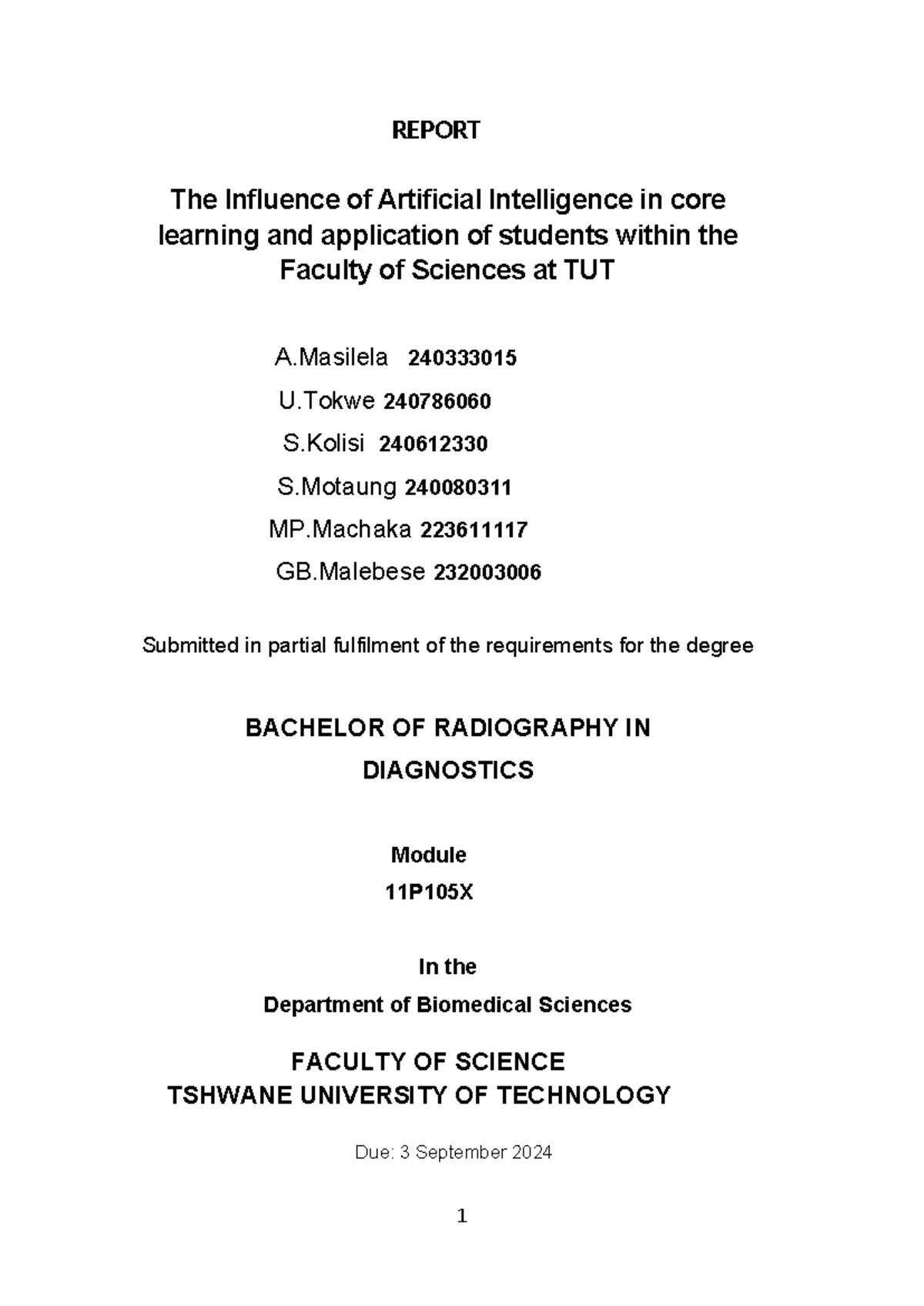 CAP105X Report on AI's Impact on Learning in TUT's Faculty of Sciences ...