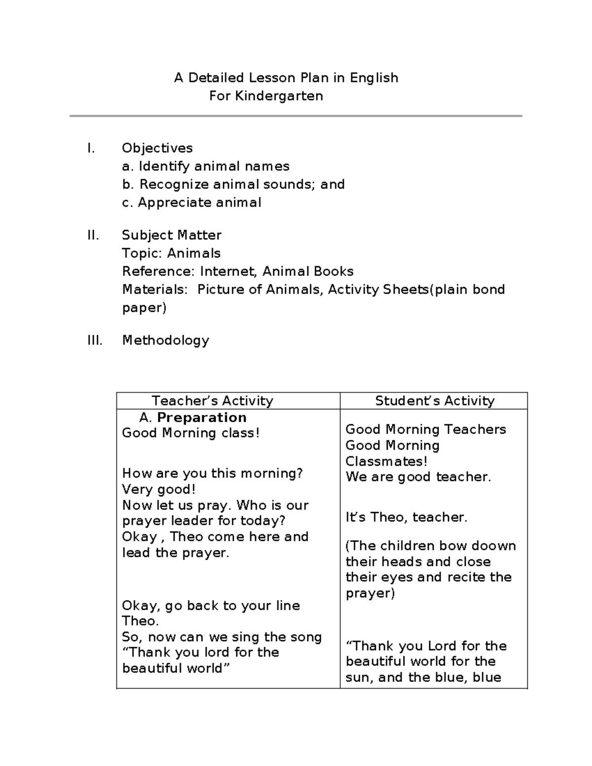 Detailed Lesson Plan (K-Grade): Learning About Animals - Studocu