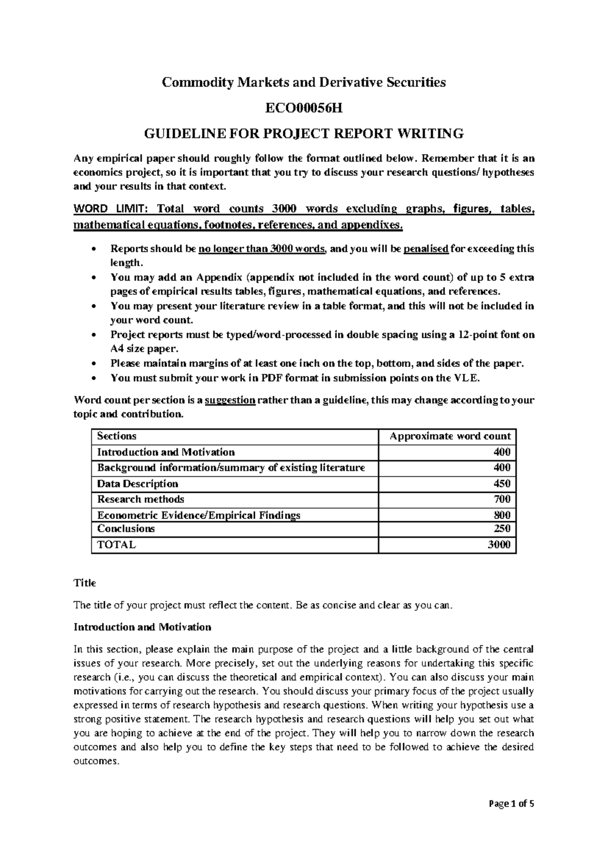 ECO00056H Project Report Writing Guidelines for Economics Research ...