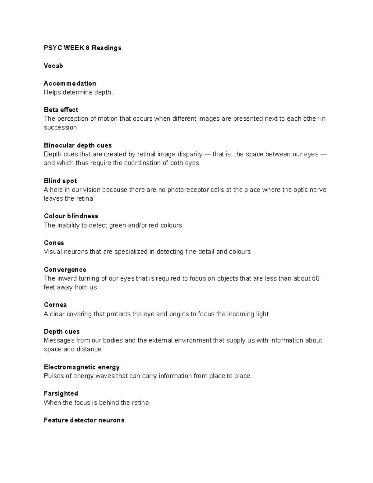 PSYC 101 Week 8 Lecture Notes on Visual Perception and Sensation - Studocu