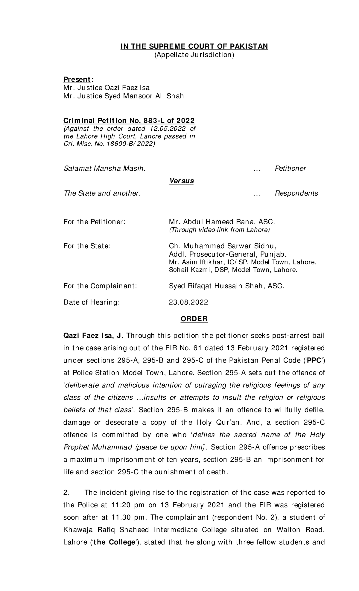 PLD 2022 Supreme Court Ruling on Bail in Blasphemy Case - Studocu