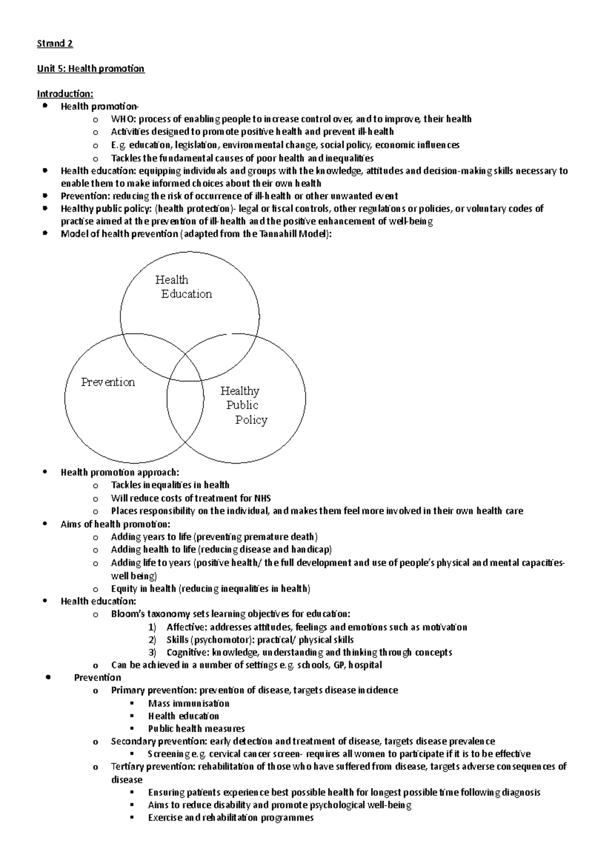 Unit 5: Health Promotion Strategies and Approaches in Healthcare - Studocu