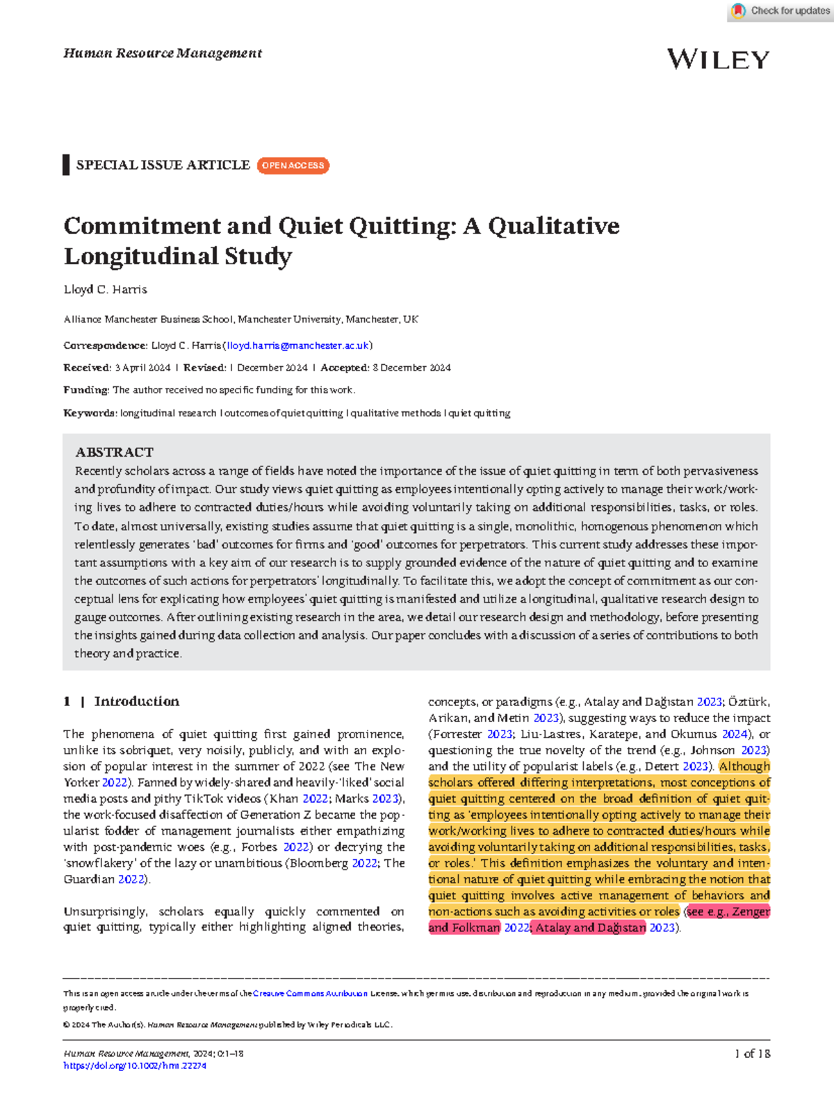 Qualitative Longitudinal Study on Commitment and Quiet Quitting in HRM ...