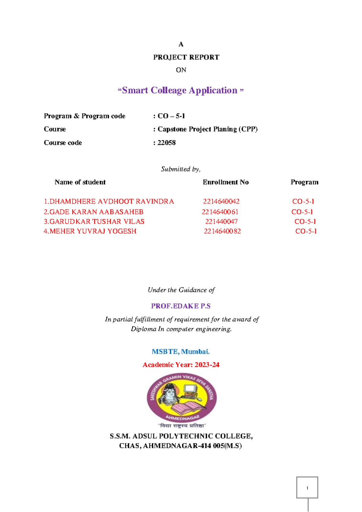 CPP Report - ffgth - A PROJECT REPORT ON “Smart Colleage Application ...
