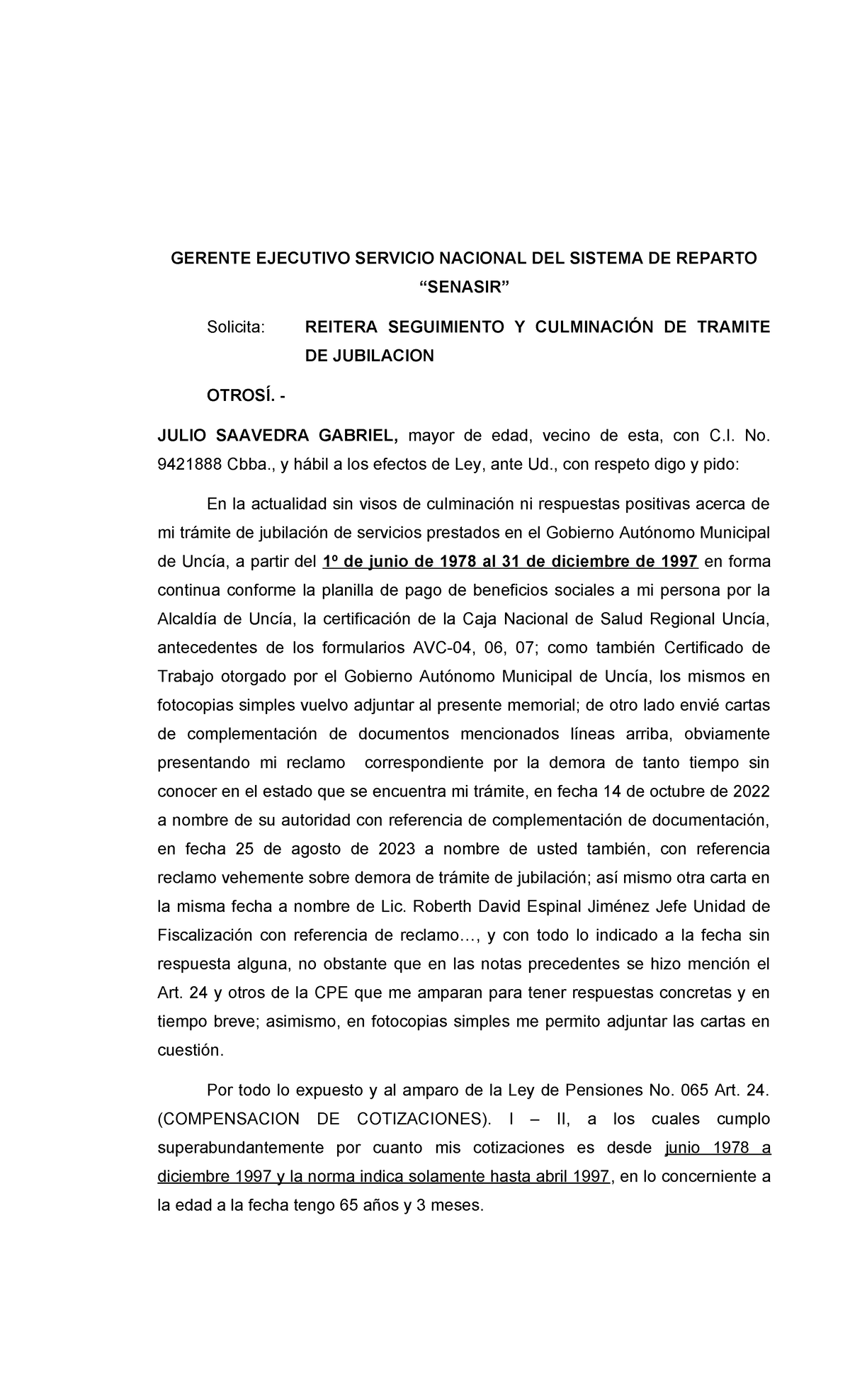 Modelo Memorial SENASIR: Recurso de Reclamación y Seguimiento de Jubilación - Document Preview