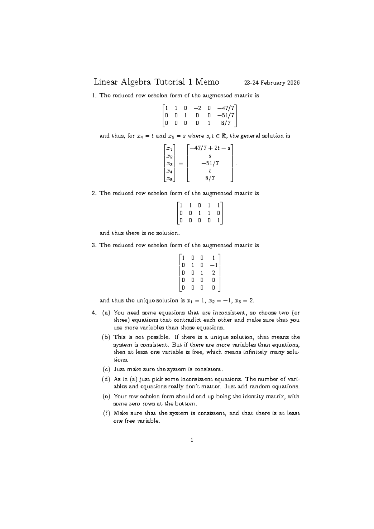 Linear Algebra Tutorial 1 Memo - February 2026 - Studocu