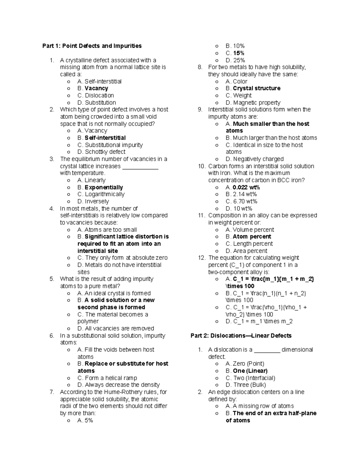 Materials - Quiz: Point Defects, Dislocations, and Defects - Studocu