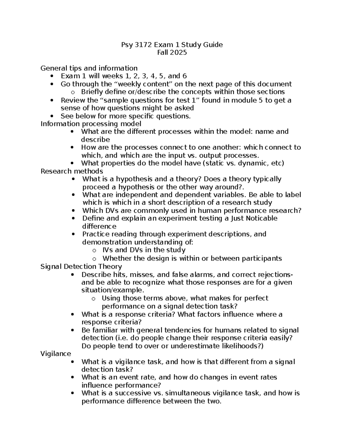 Psy 3172 Final Exam Study Guide: Key Topics from Weeks 1-6 - Studocu