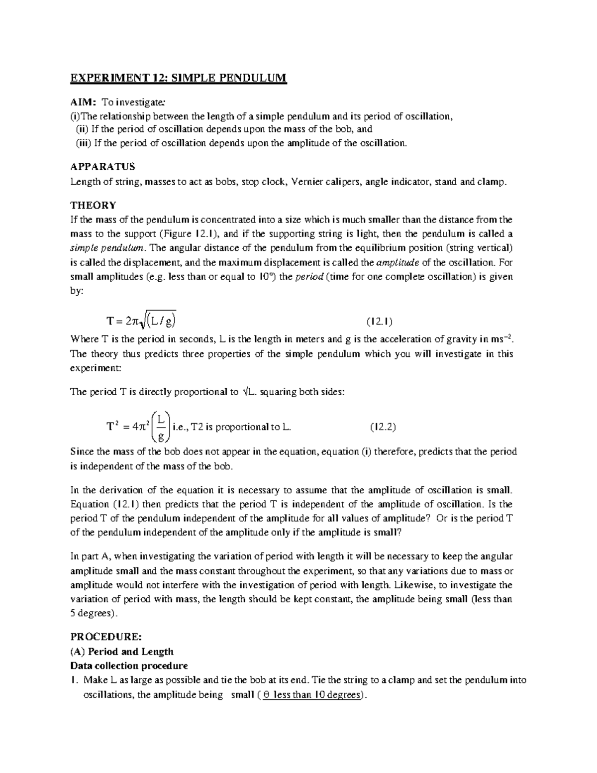 Final Exam Experiment: Simple Pendulum Analysis (Course Code: PHYS 101 ...