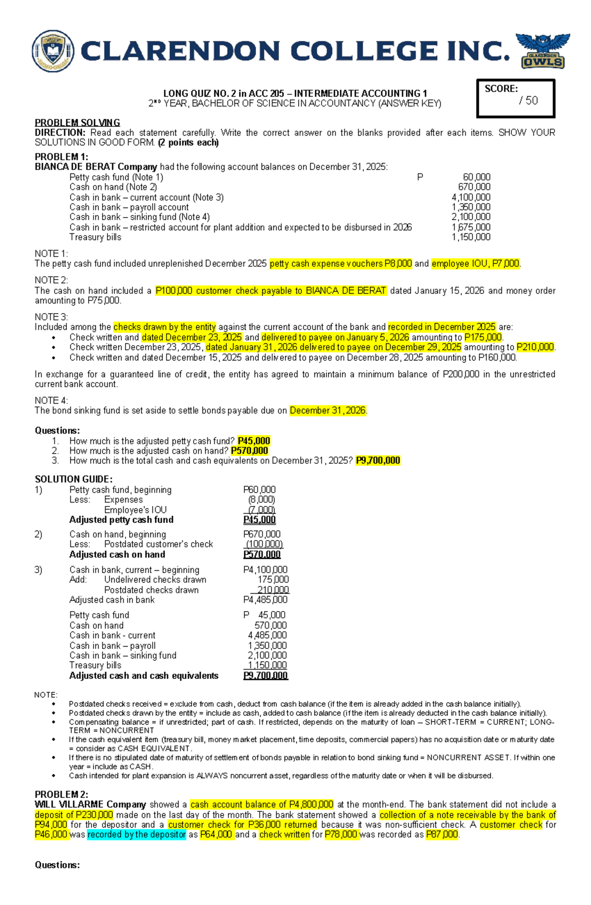 Long Quiz 2 in ACC 205 Intermediate Accounting 1 (Answer Key) - Studocu