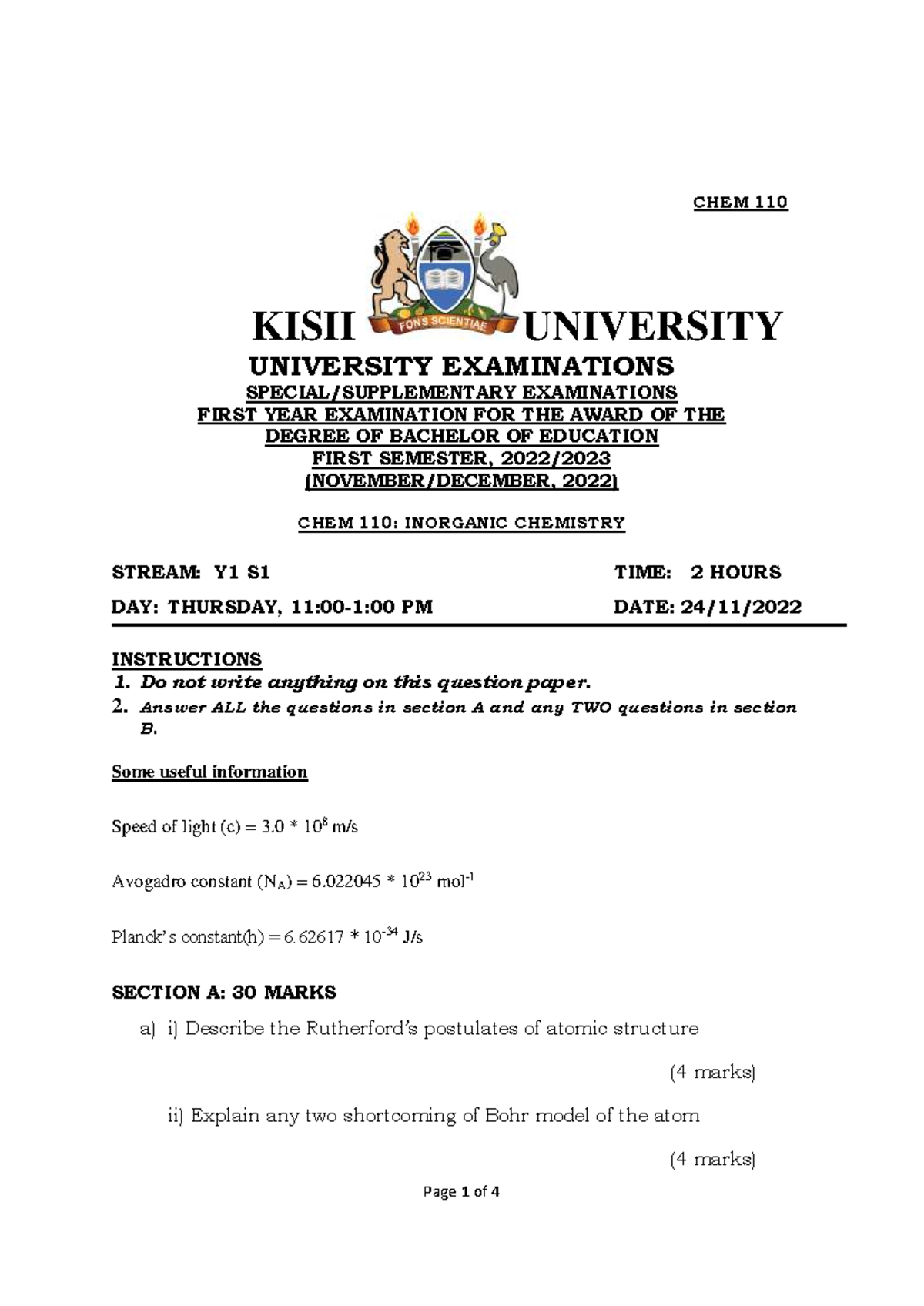 CHEM 110: Inorganic Chemistry Final Exam Notes - Kisii University - Studocu