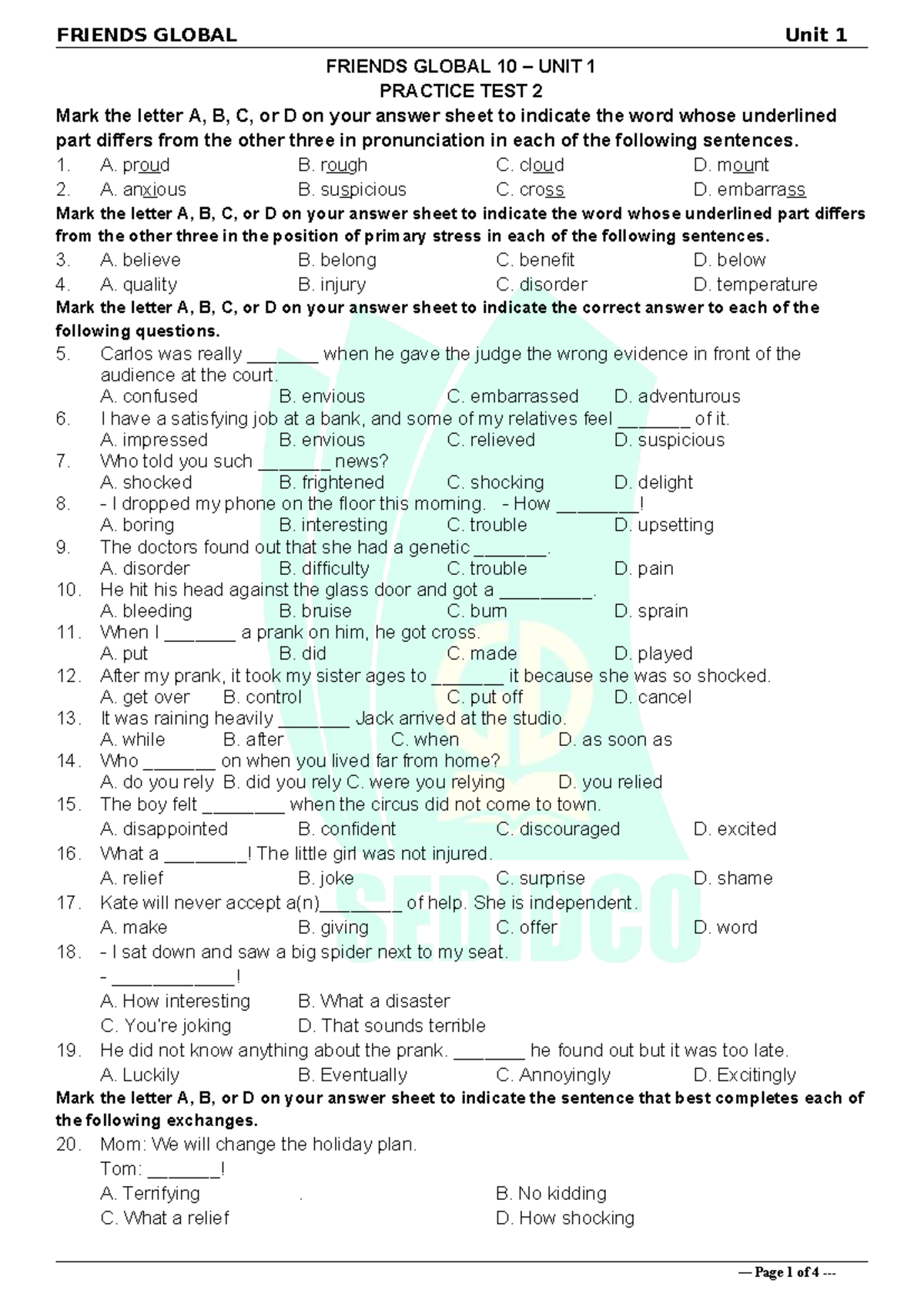 Tieng Anh 10 FRIENDS GLOBAL - Unit 1 Practice Test 2 - Studocu