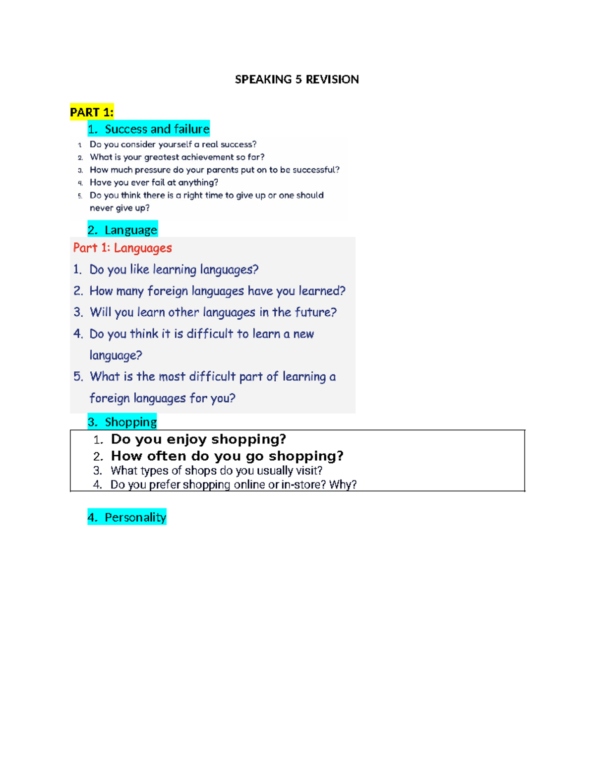 Speaking 5 Revision 2023 - SPEAKING 5 REVISION PART 1: 1. Success and ...