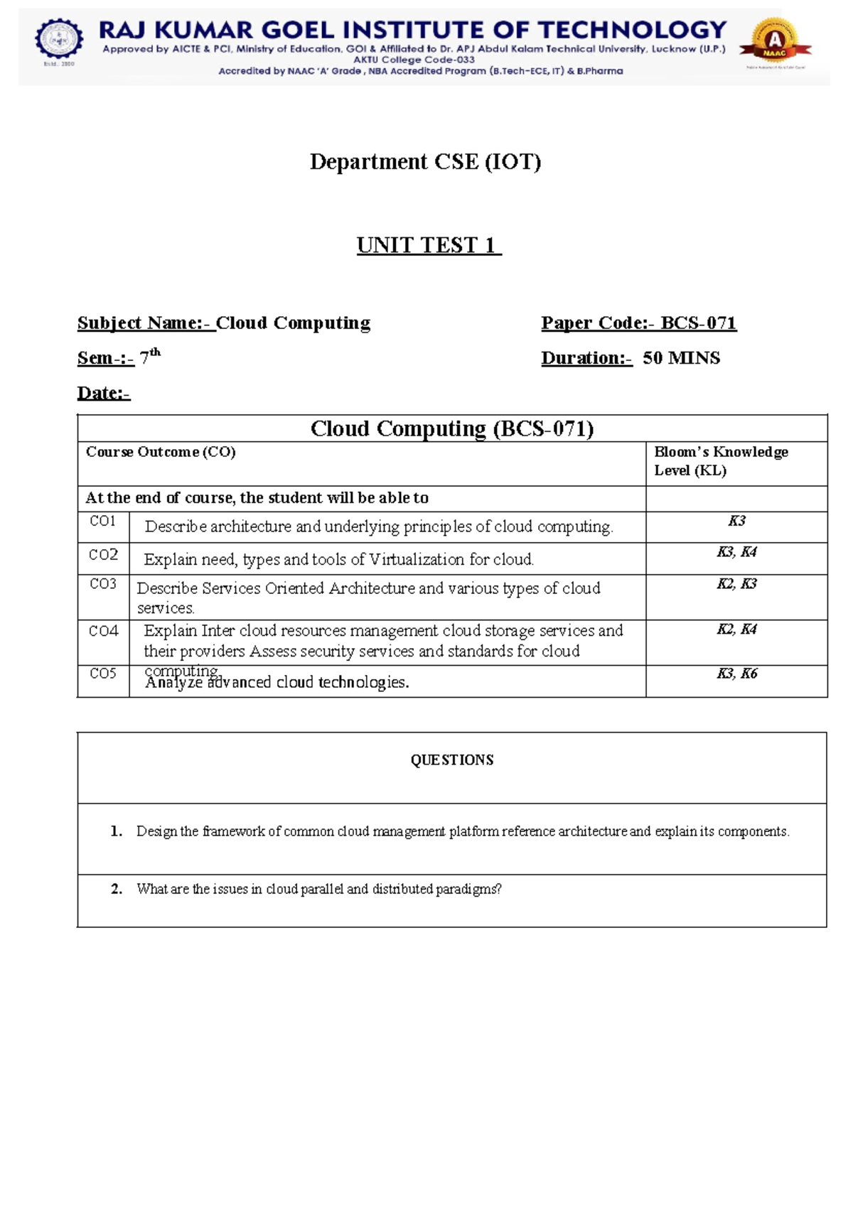 CSE (IOT) UNIT TEST 1: Cloud Computing Overview and Questions - Studocu