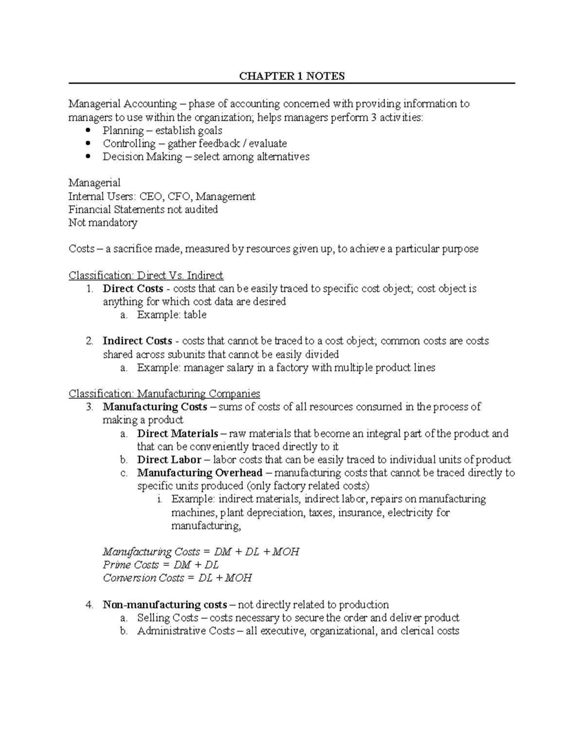 Chapter 1 Notes - Managerial Accounting Overview (MGR 101) - Studocu