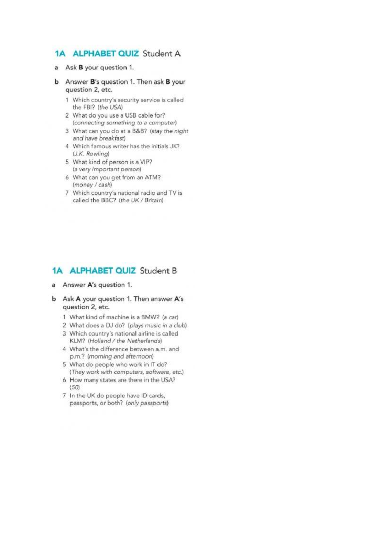 1A ALPHABET QUIZ - Student A & B Questions and Answers - Studocu