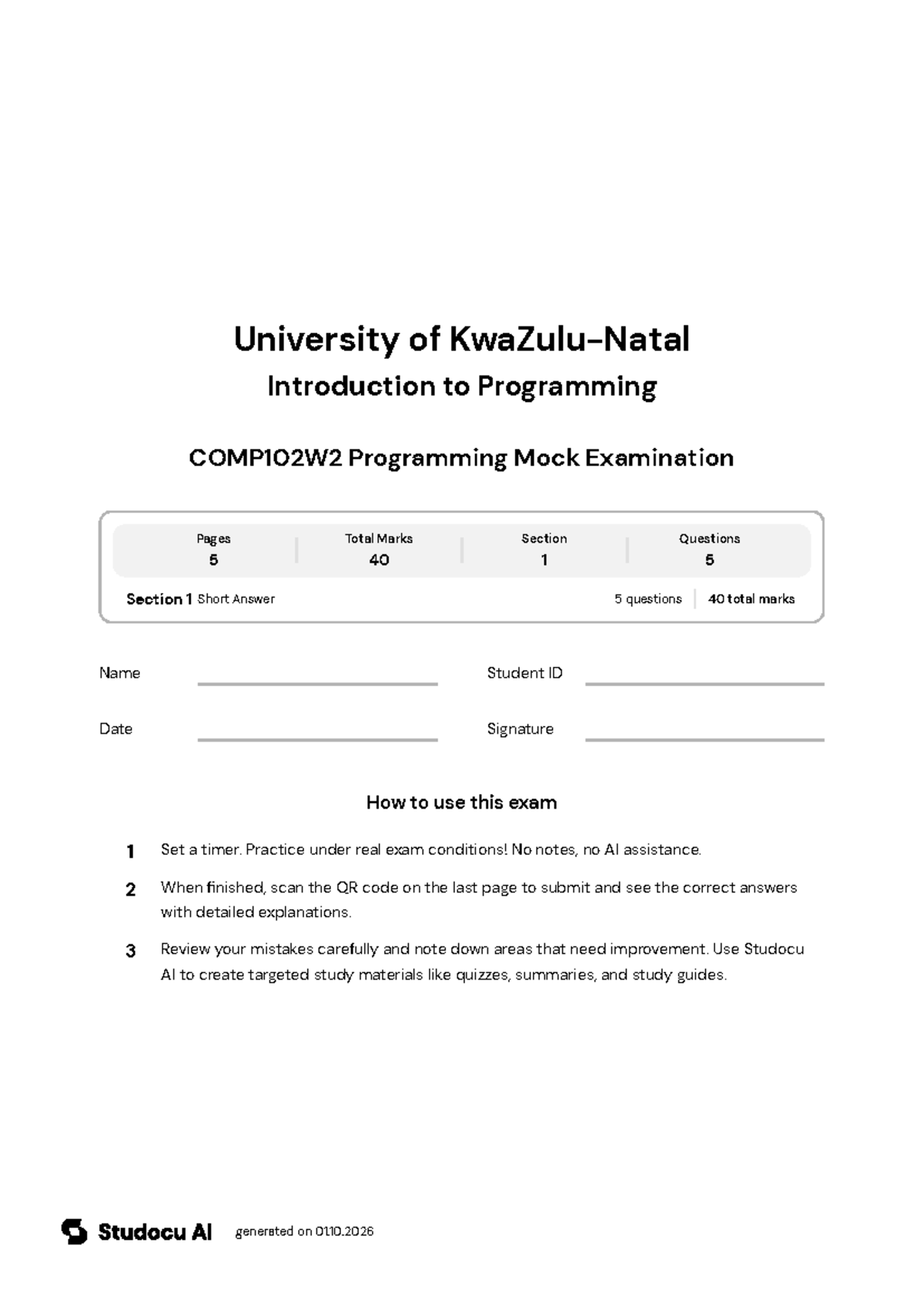 COMP102W2 Programming Mock Exam - Studocu