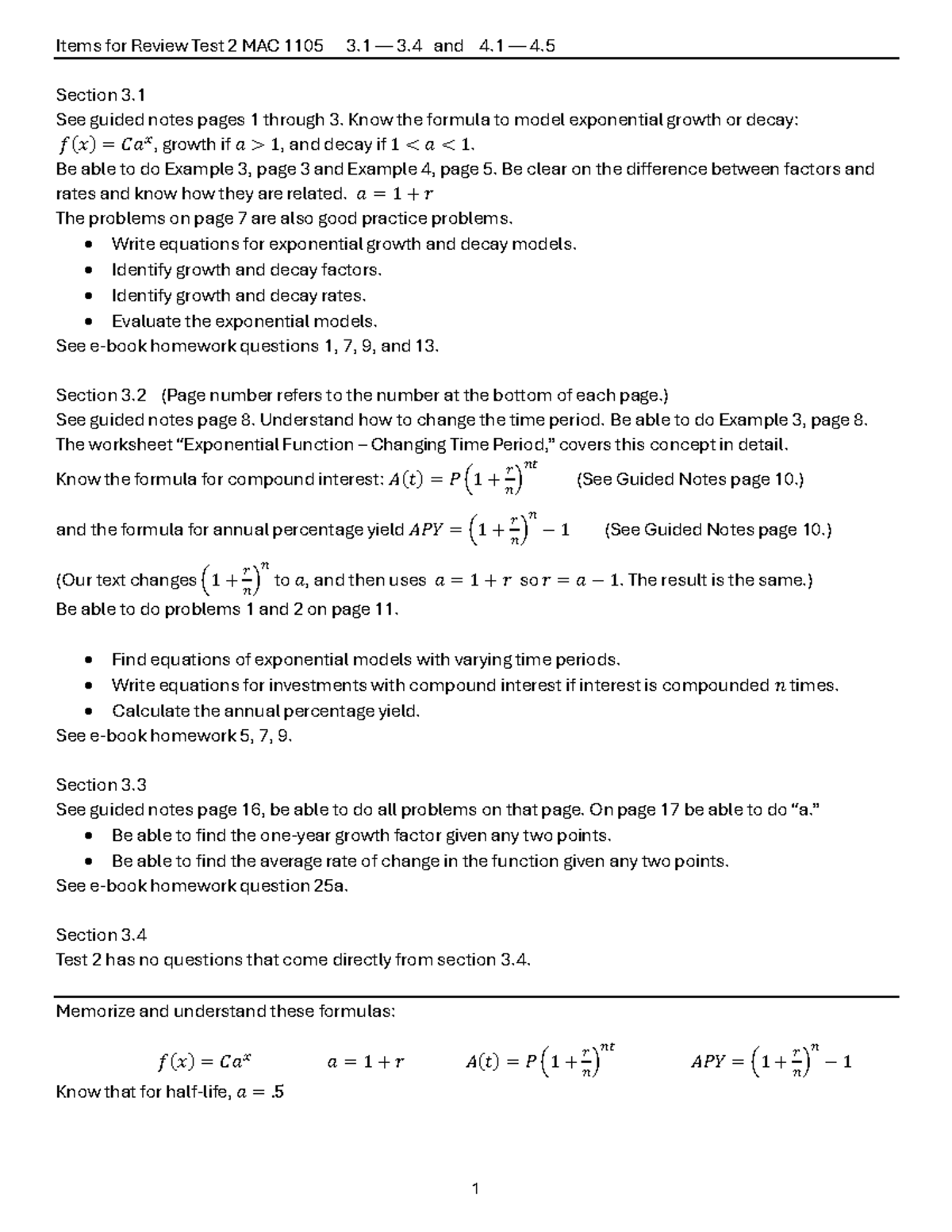 Review Test 2 Items for MAC 1105: Exponential & Logarithmic Functions ...