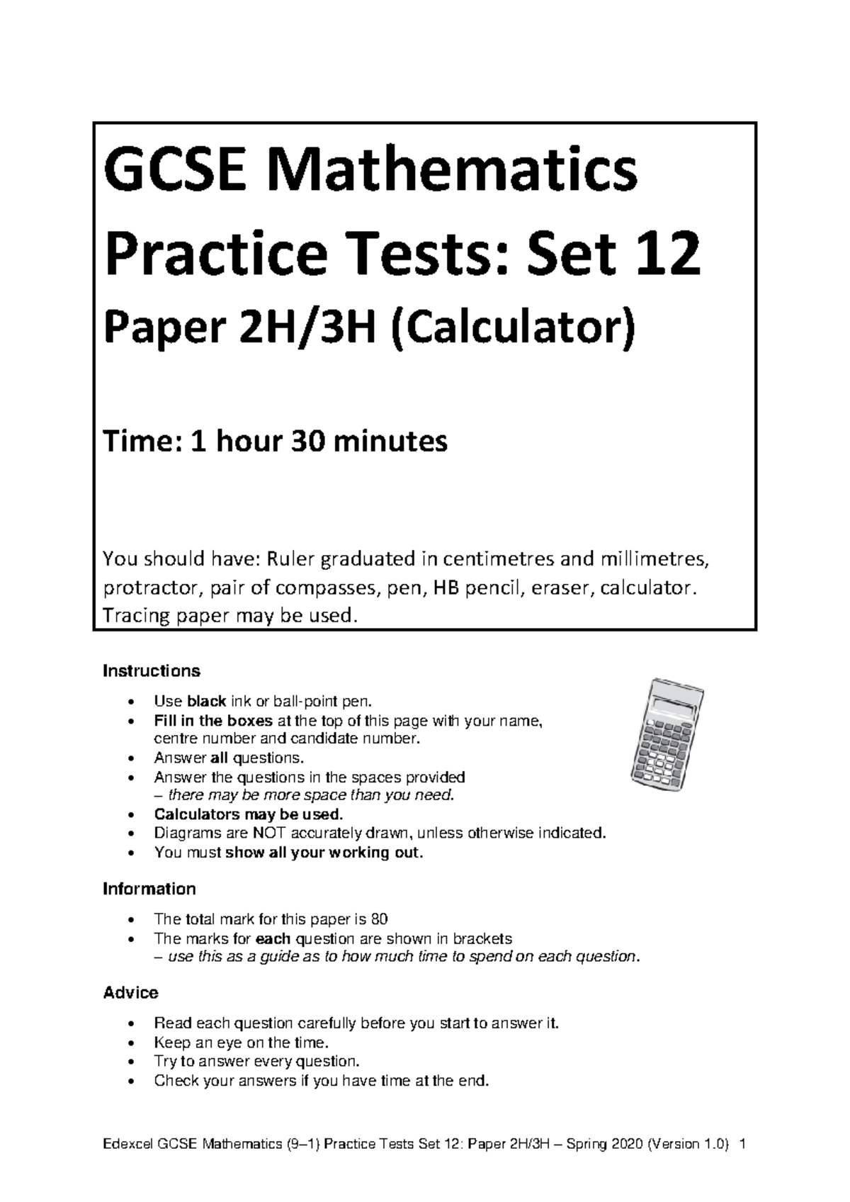 07 Practice Tests Set 12 - Paper 2H-3H QP - GCSE Mathematics Practice ...